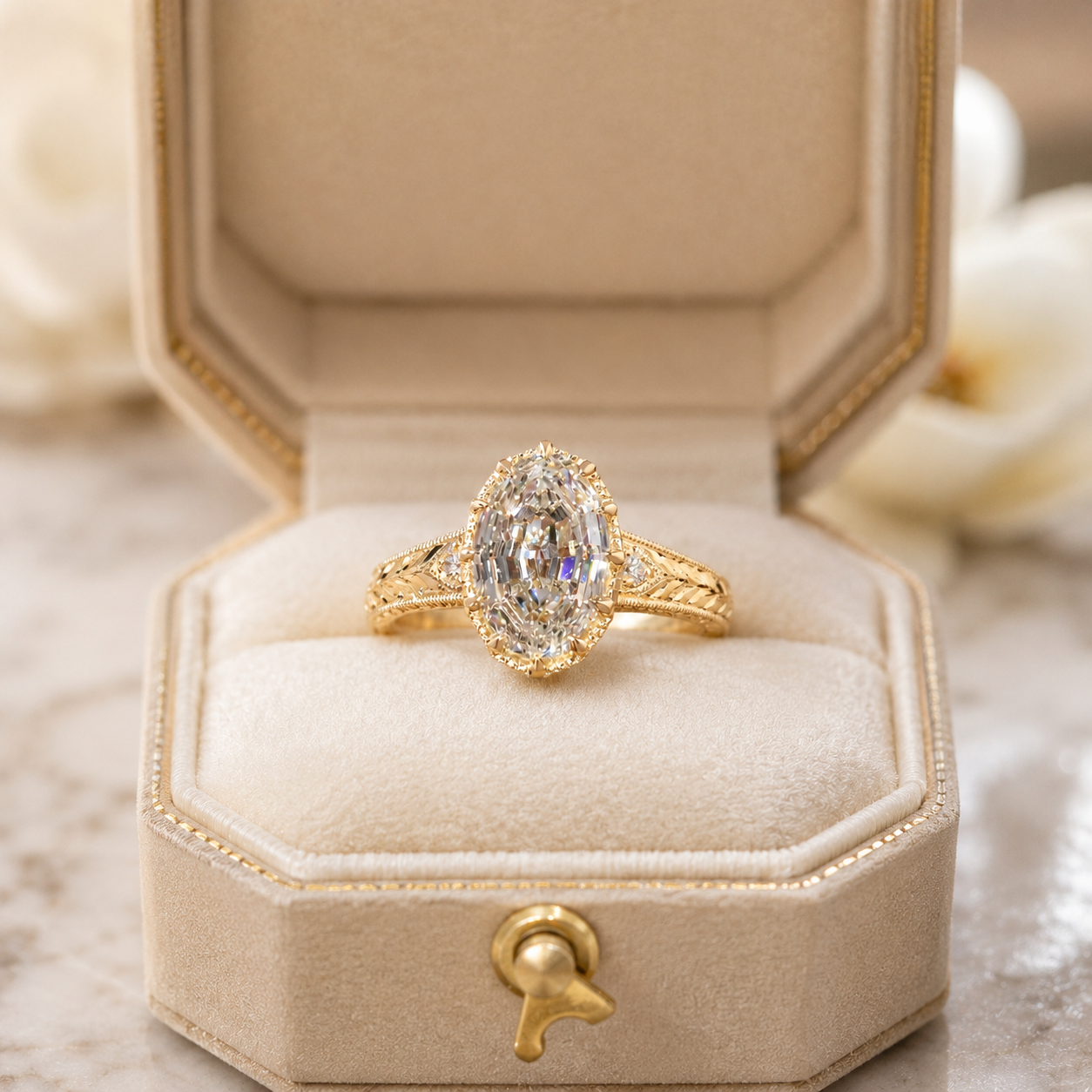 Oval Lab Grown Diamond Engagement Ring Vintage Halo 14K Yellow Gold IGI Certified 2.55 Carat E VVS2