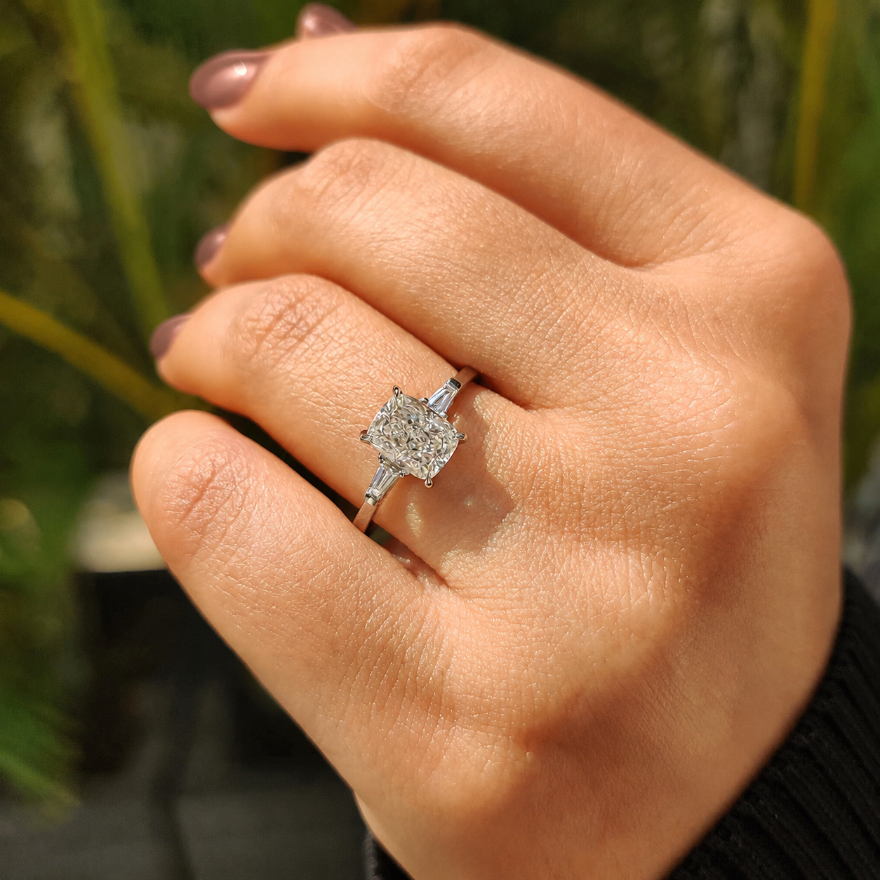 Cushion Lab Grown Diamond Engagement Ring Three Stone 14K White Gold Tapered Baguette 2 Carat