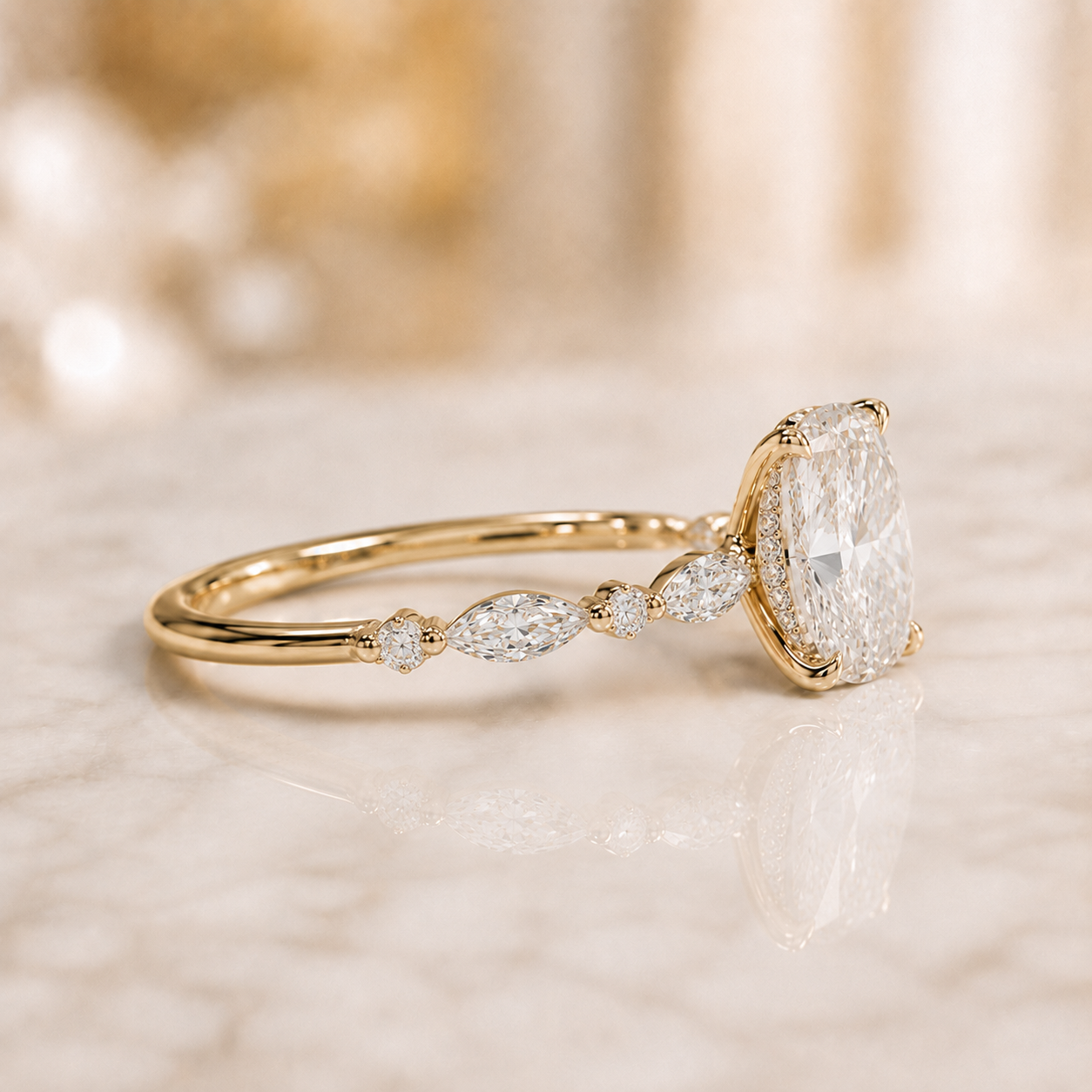 Cushion Lab Grown Diamond Engagement Ring Hidden Halo 18K Yellow Gold Elongated Claw Solitaire 2 Carat