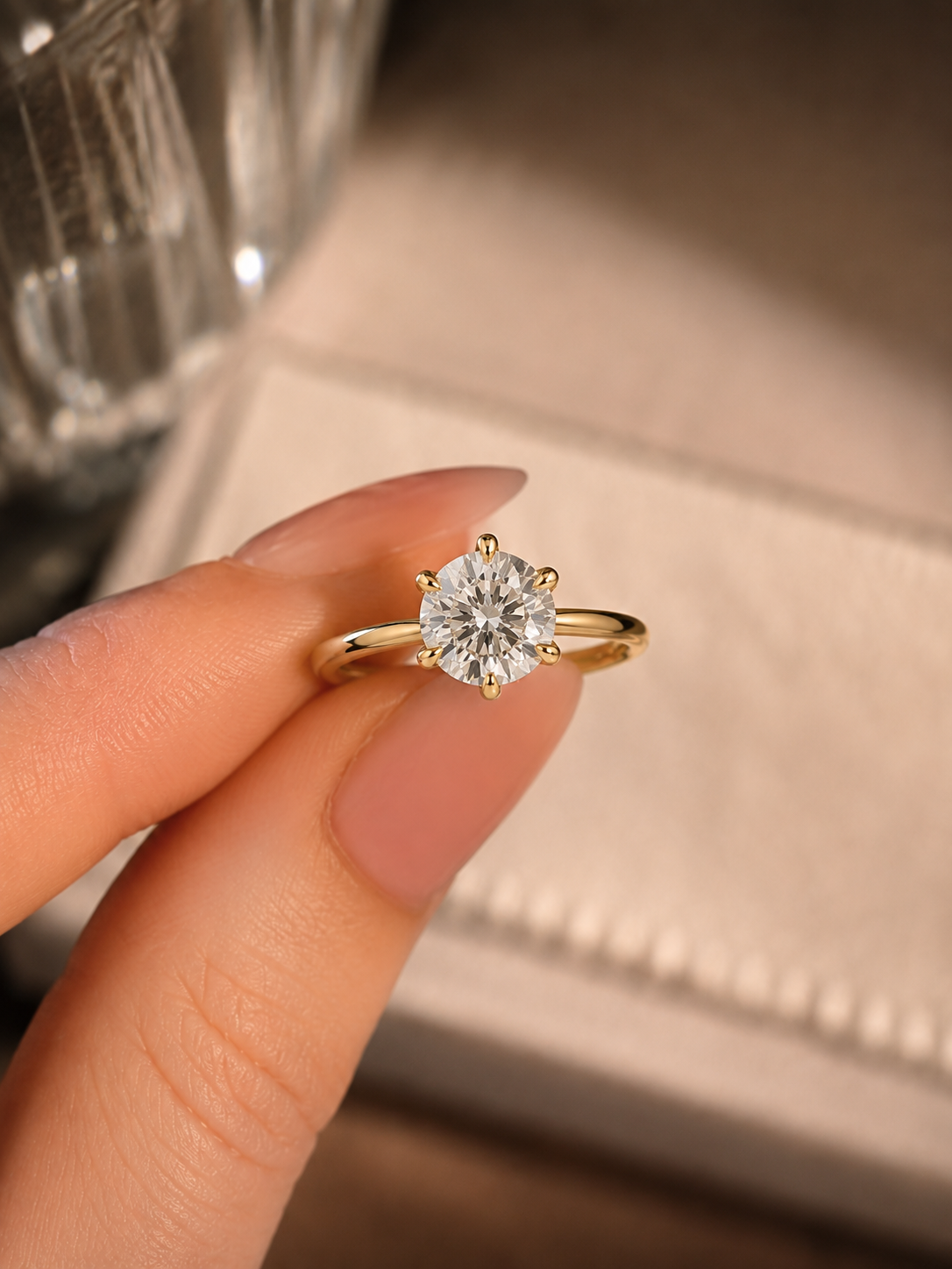 Round Lab Grown Diamond Engagement Ring – Petal Prong Solitaire 14K Gold – Lotus Crown Setting