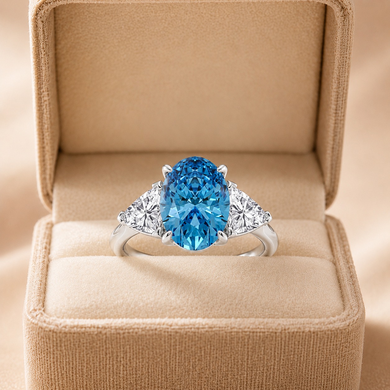 Fancy Blue Oval Lab Grown Diamond Engagement Ring – Three Stone Trillion 14K White Gold – IGI Certified 3 Carat