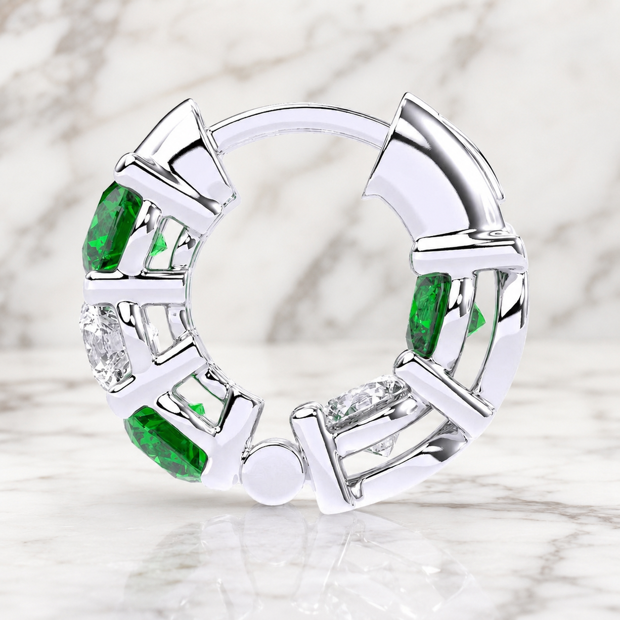 Round Lab Grown Diamond Huggie Hoop Earrings Created Emerald 14K White Gold IGI Certified 2ct