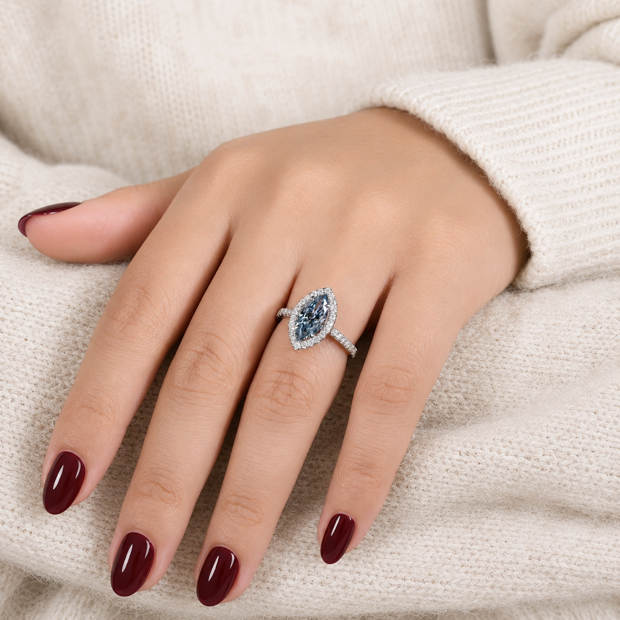1.51Ct Blue Marquise Lab Grown Diamond Halo Engagement Ring 14K Gold VVS2