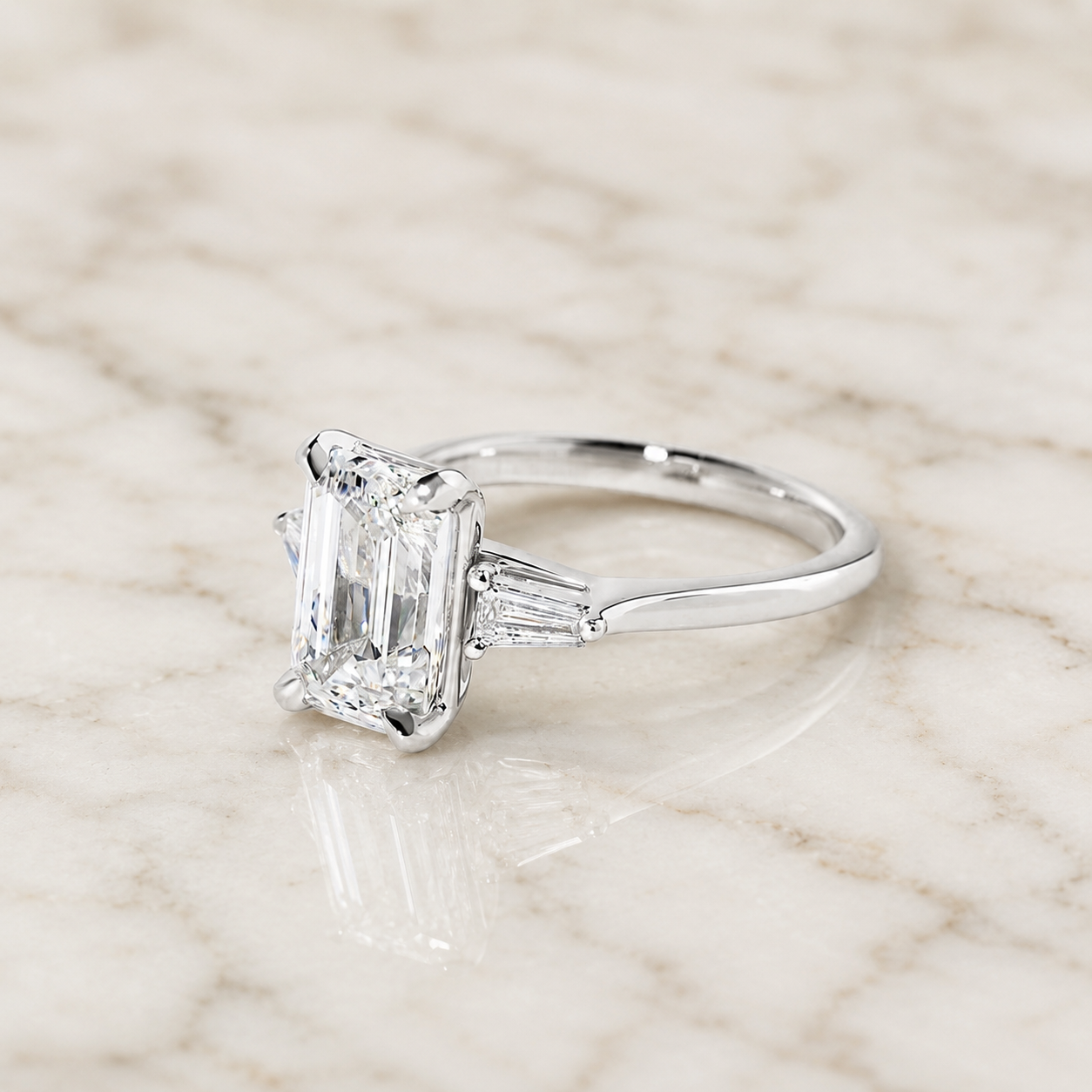 Emerald Cut Lab Grown Diamond Engagement Ring Three Stone 14K White Gold Tapered Baguette, E VVS2
