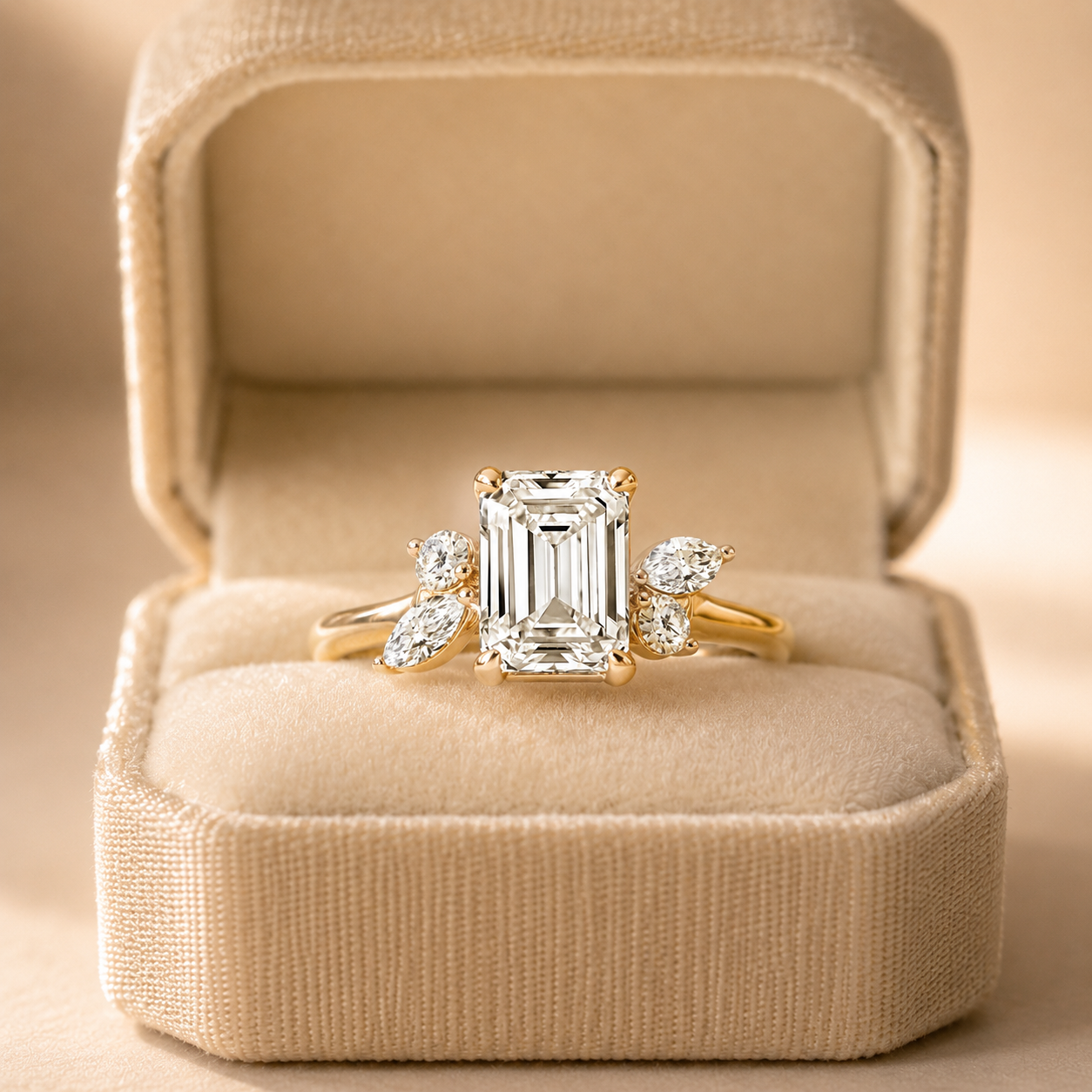 Emerald Cut Lab Grown Diamond Engagement Ring Floral Side Stone 14K Rose Gold IGI Certified 2 Carat E VVS2