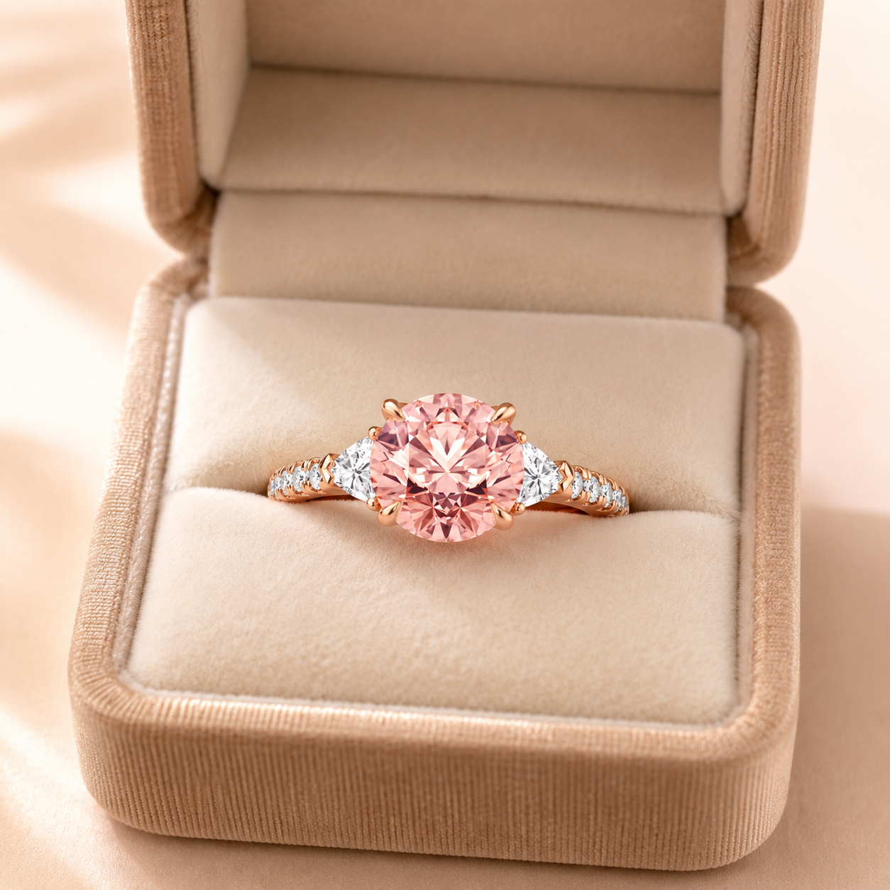 Pink Round Lab Grown Diamond Engagement Ring Three Stone 14K Rose Gold IGI Certified 3 Carat