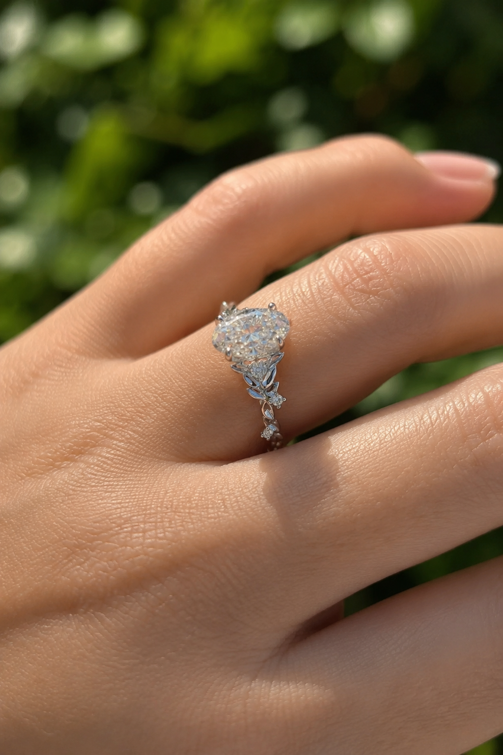 Oval Lab Grown Diamond Floral Engagement Ring – Leaf & Vine Solitaire 14K White Gold – Claw Prong Setting