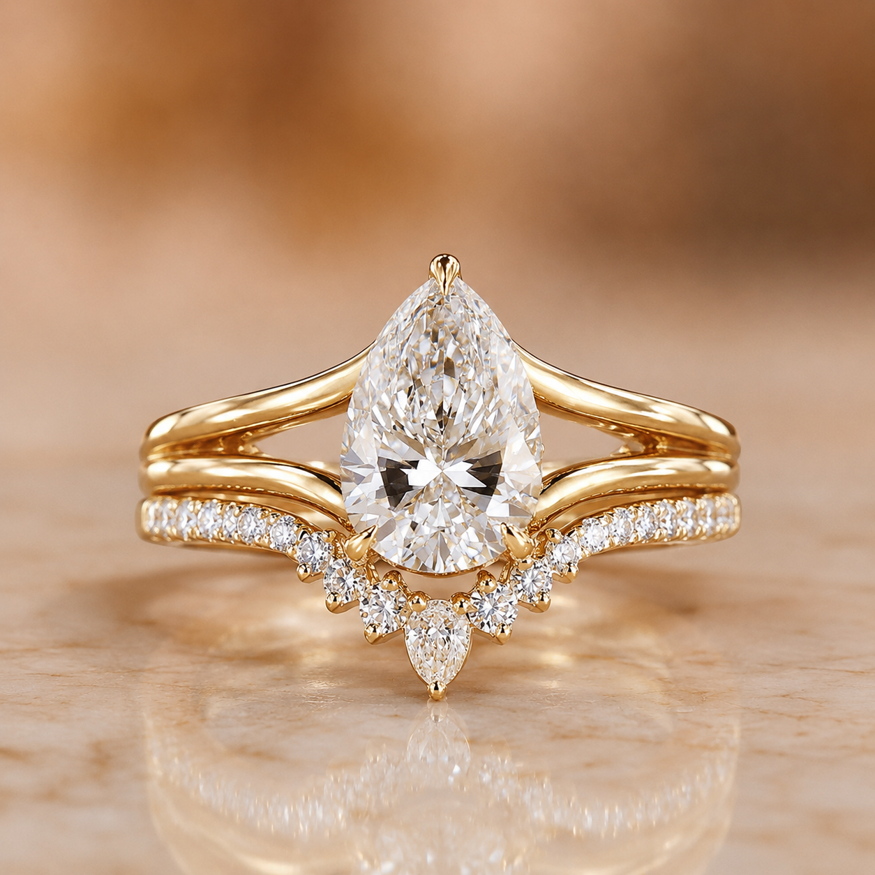 2CT Pear Lab Grown Diamond Engagement Ring Set 14K Rose Gold IGI