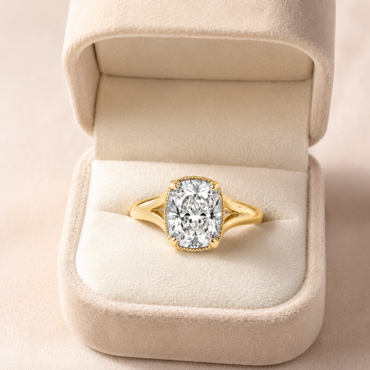 Elongated Cushion Lab Grown Diamond Engagement Ring Vintage Solitaire 14K Yellow Gold IGI Certified 2ct