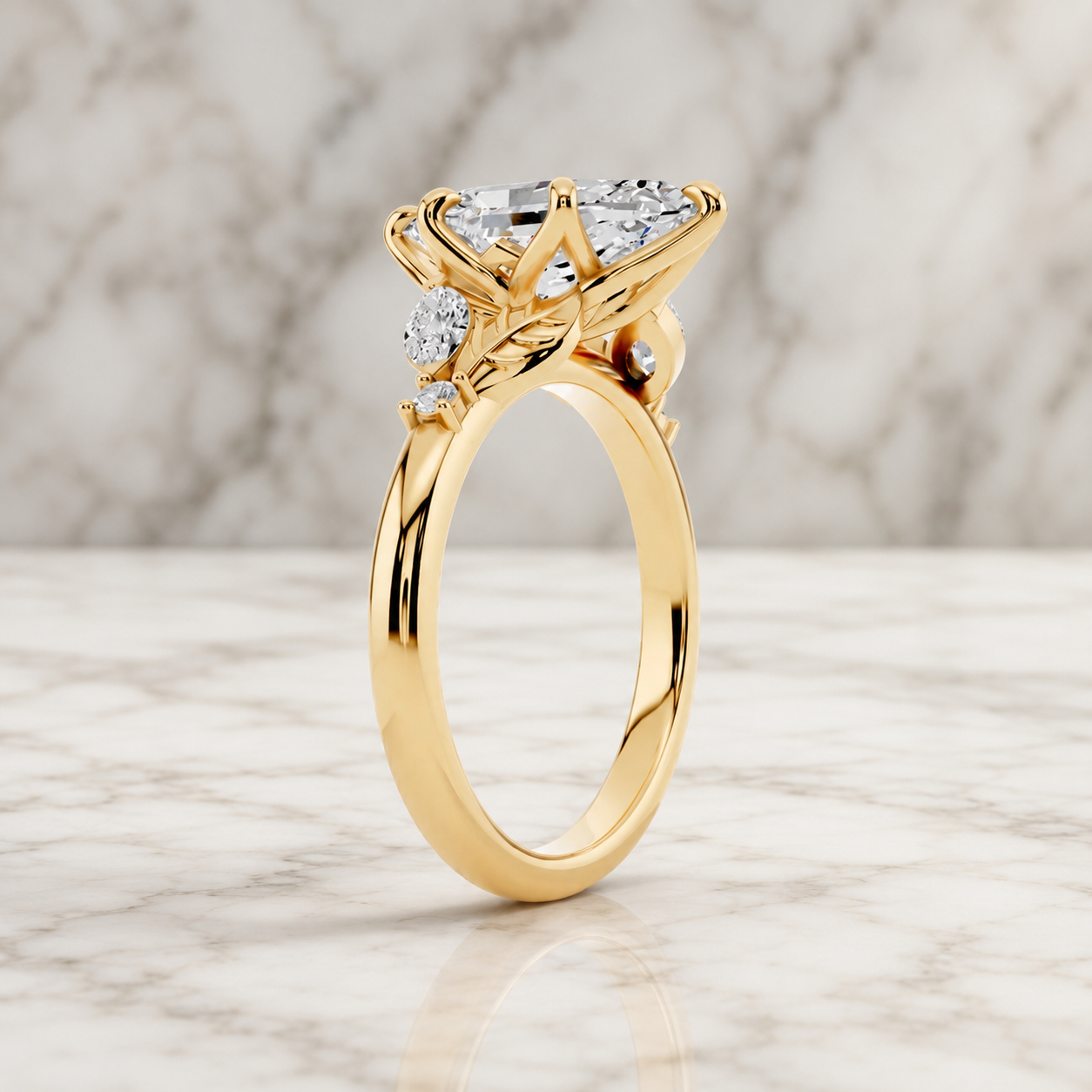 Marquise Lab Grown Diamond Engagement Ring Floral Side Stone 14K Yellow Gold Marquise Accents E Color
