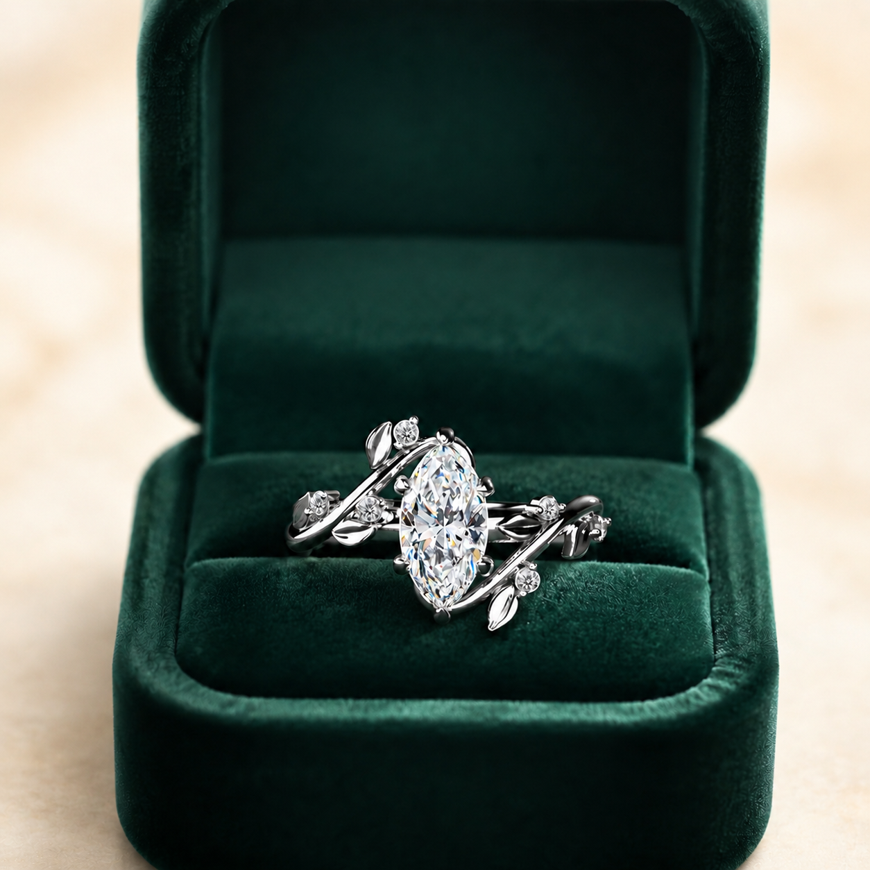 Marquise Lab Grown Diamond Engagement Ring Leaf Vine 14K White Gold IGI Certified 1 Carat