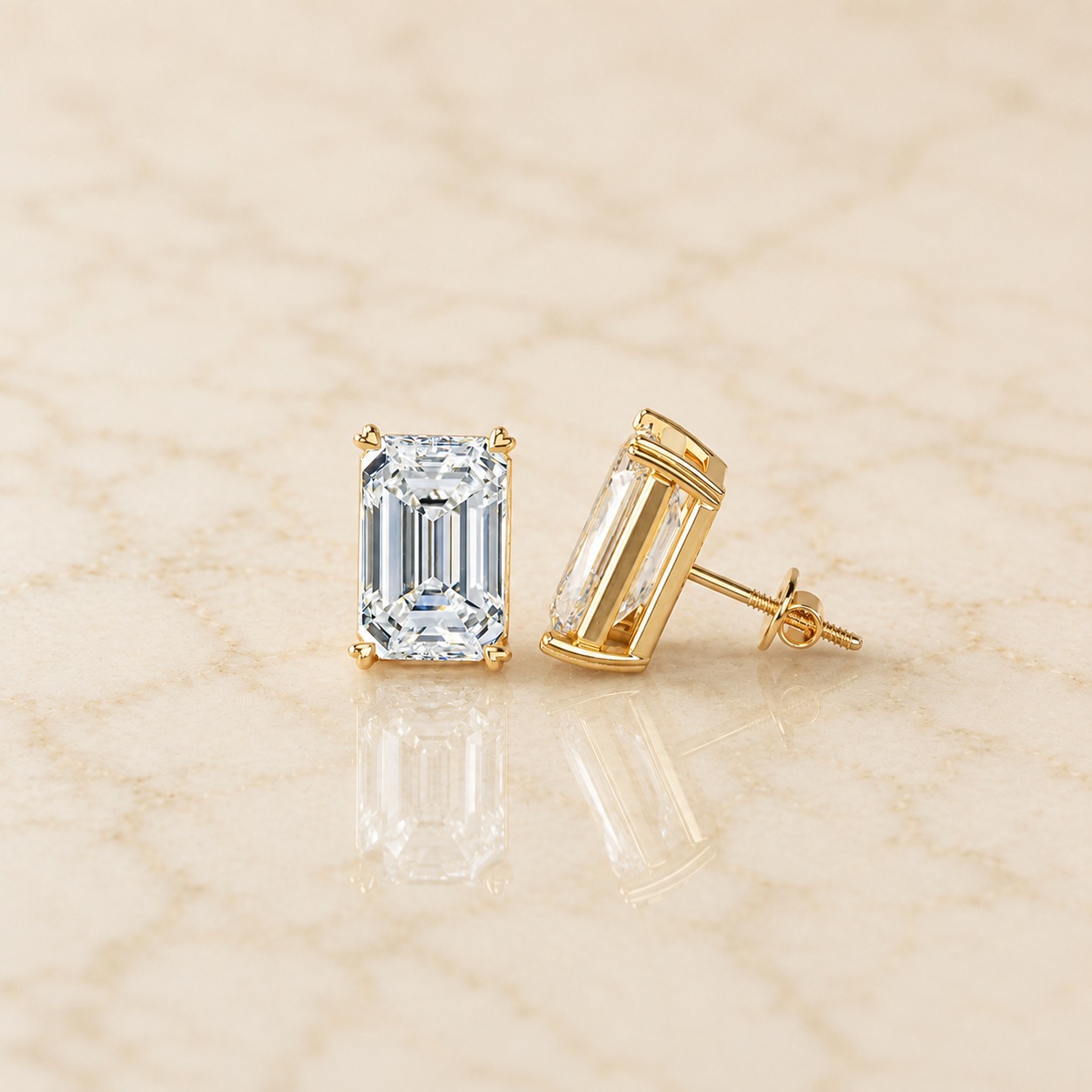 Emerald Cut Lab Grown Diamond Stud Earrings Four-Prong Solitaire 14K Yellow Gold IGI Certified 10ct