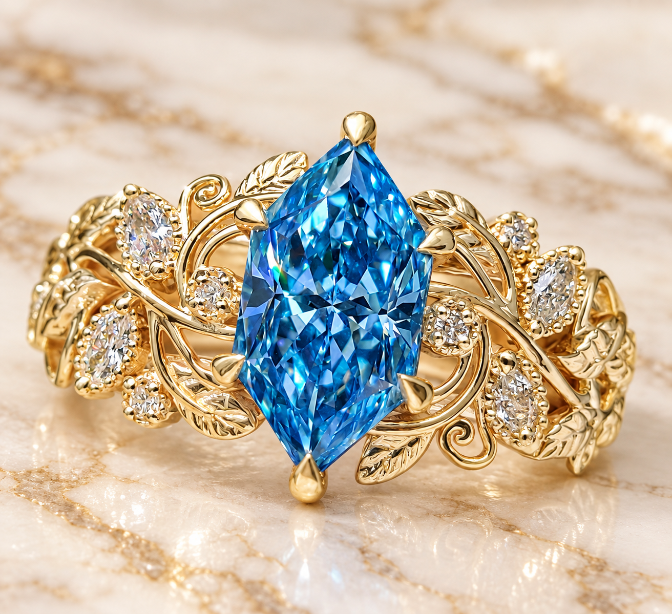 Blue Marquise Lab Grown Diamond Engagement Ring Leaf & Vine 14K Gold IGI Certified