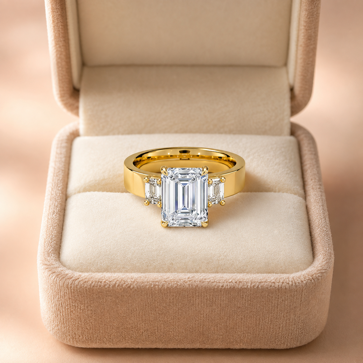 Emerald Cut Lab Grown Diamond Engagement Ring Three Stone 14K Yellow Gold
