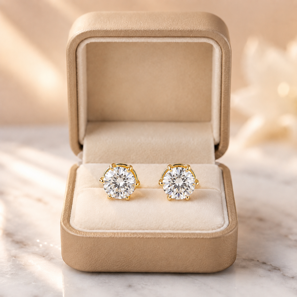 Round Lab Grown Diamond Stud Earrings – Tulip Petal Prong 14K Yellow Gold – 1 Carat VVS2 E