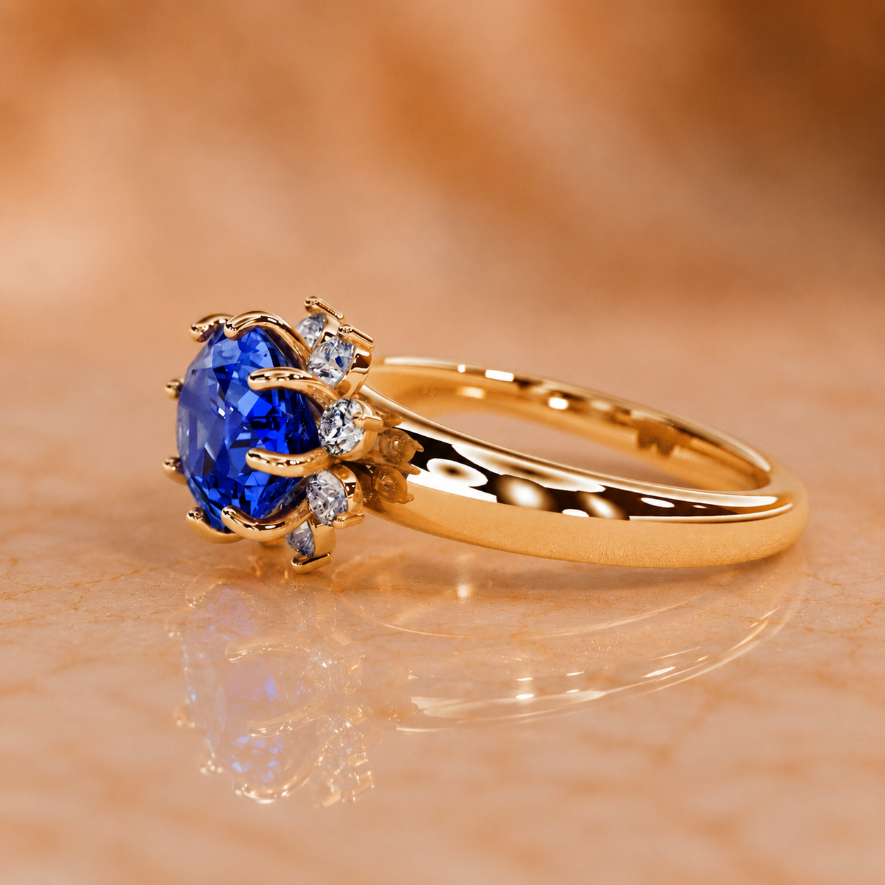 4 Ct Oval Lab Grown Blue Sapphire Engagement Ring – Diamond Cluster Halo, 14K Gold — alternate view