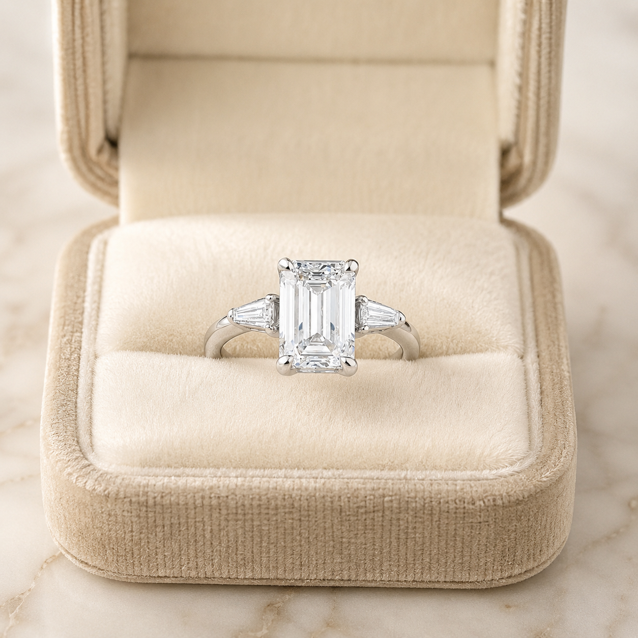 Emerald Cut Lab Grown Diamond Engagement Ring Three Stone 14K White Gold Tapered Baguette, E VVS2
