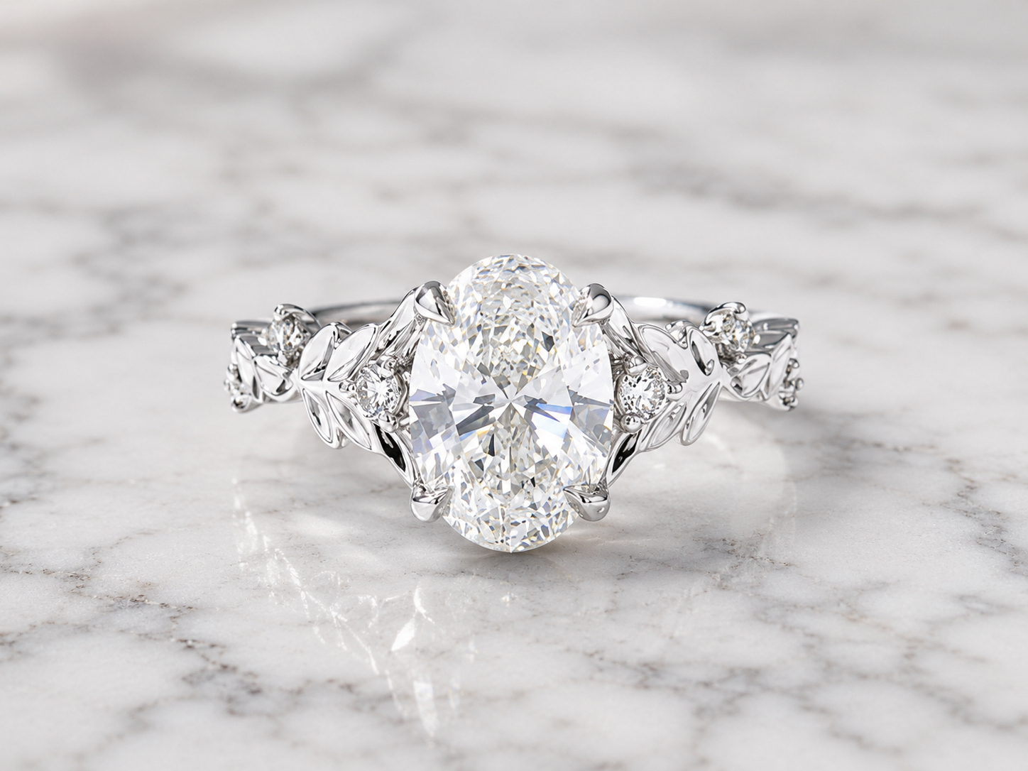Oval Lab Grown Diamond Floral Engagement Ring in White Gold — alternate view