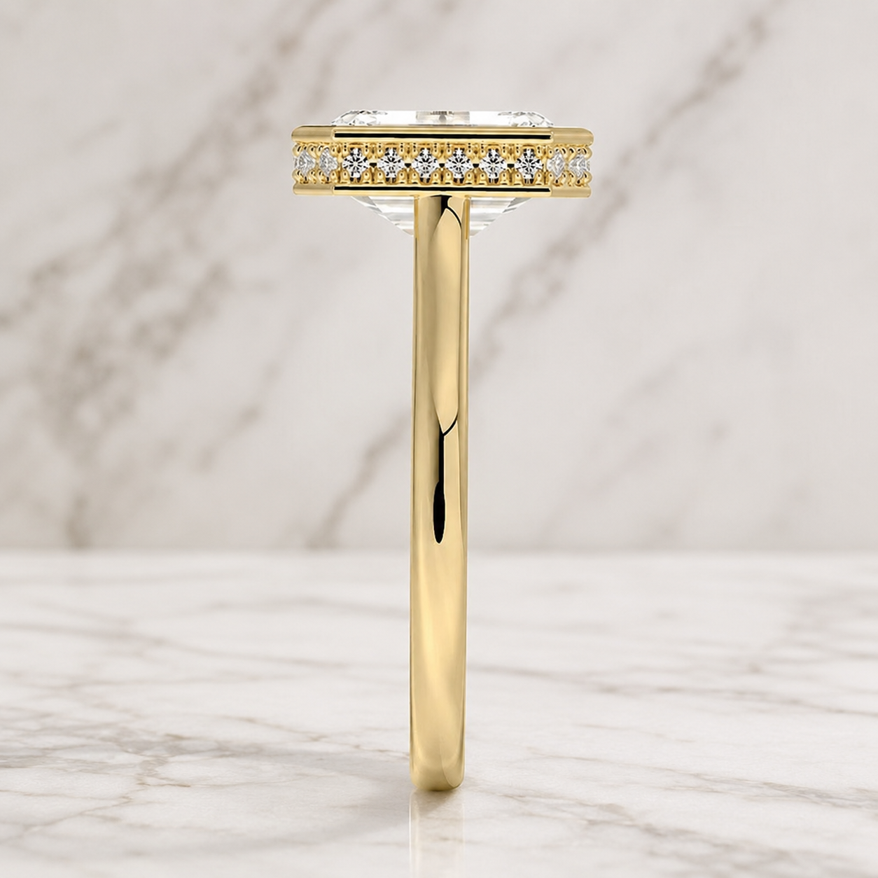 Emerald Cut Lab Grown Diamond Engagement Ring Bezel Hidden Halo 14K Yellow Gold Split Shank