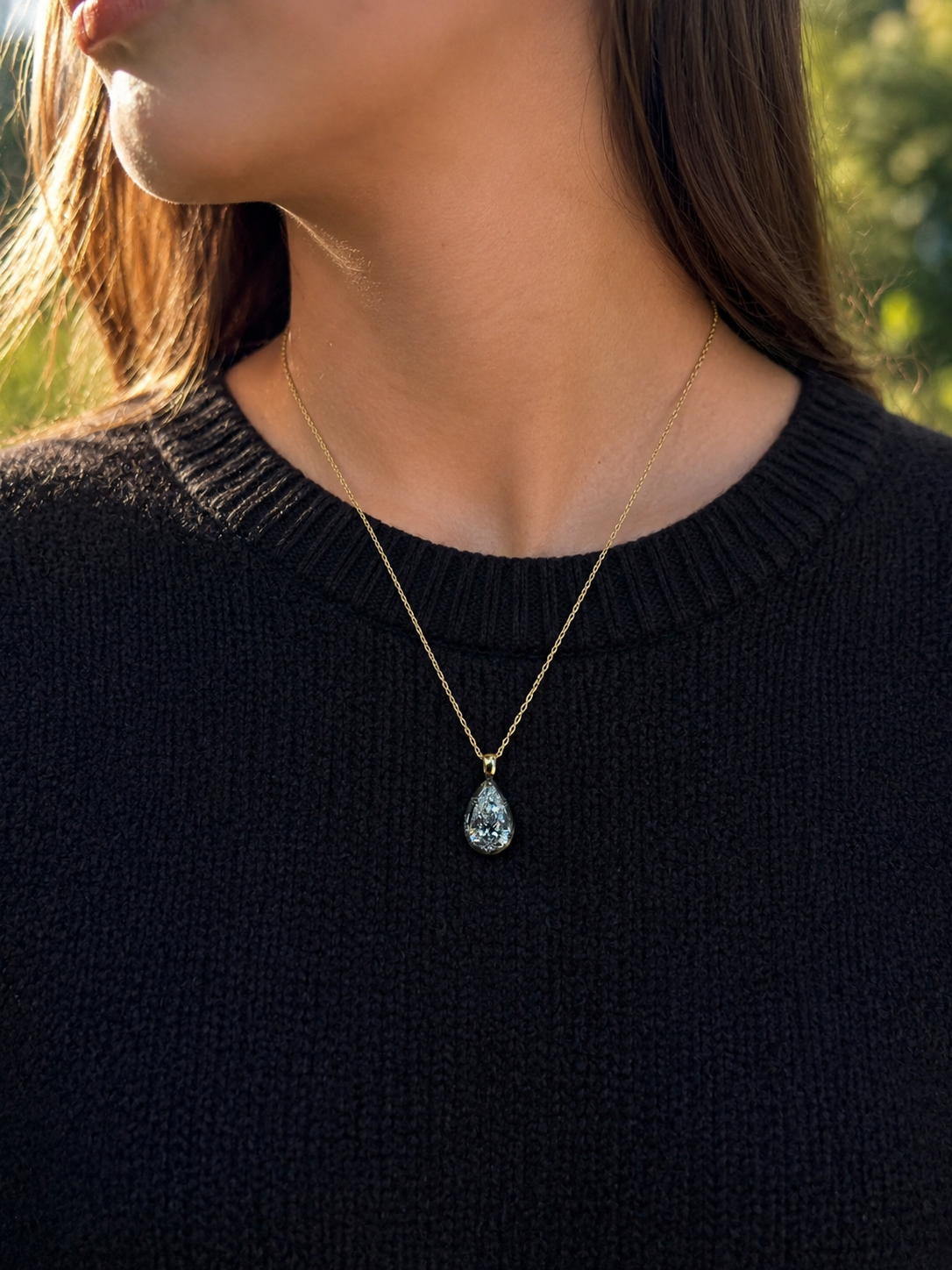 Pear Lab Grown Diamond Pendant Necklace Black Rhodium Bezel 14K Yellow Gold 4 Carat Charm