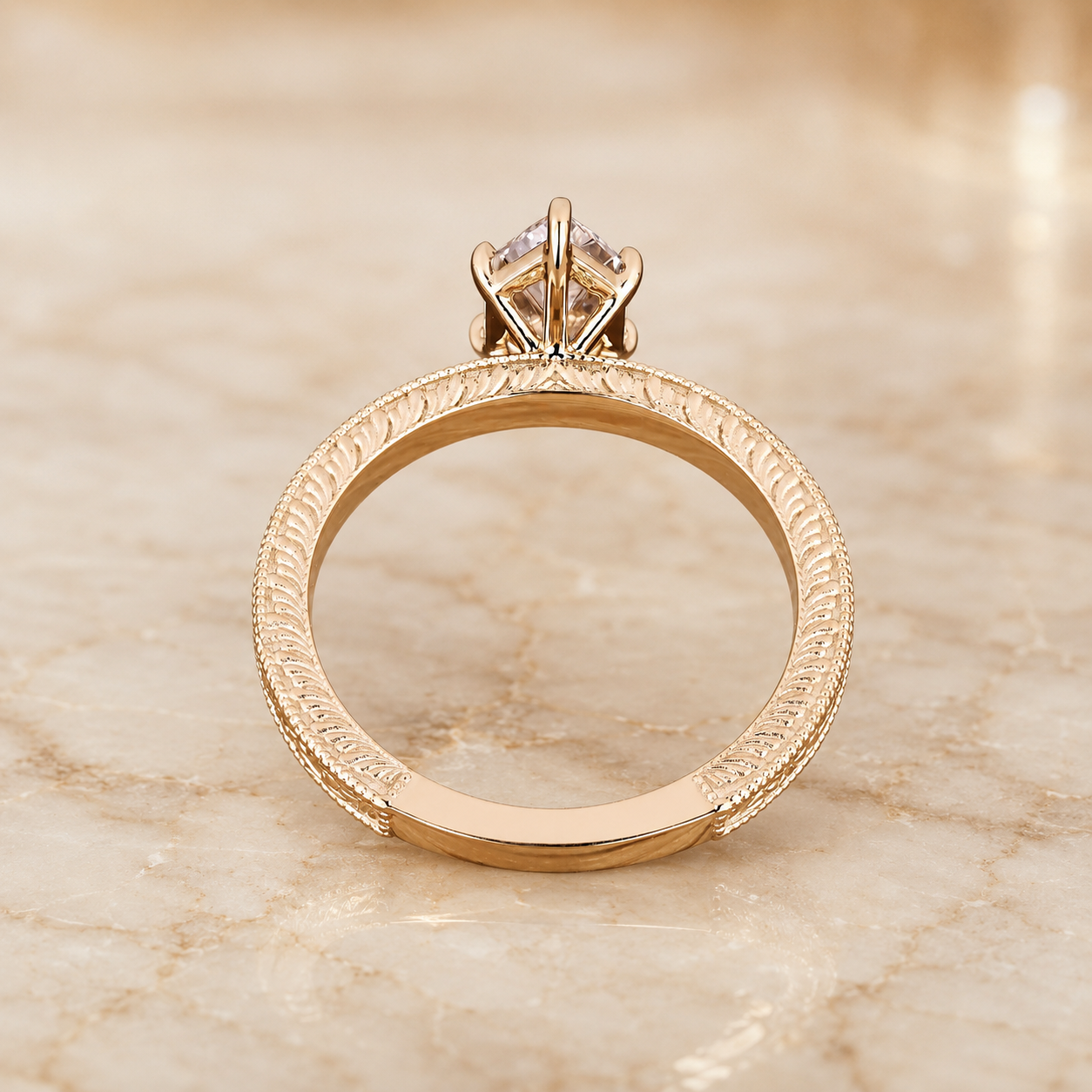 Dutch Marquise Lab Grown Diamond Engagement Ring Vintage Etched Solitaire 14K Gold IGI Certified 3 Carat E VVS2