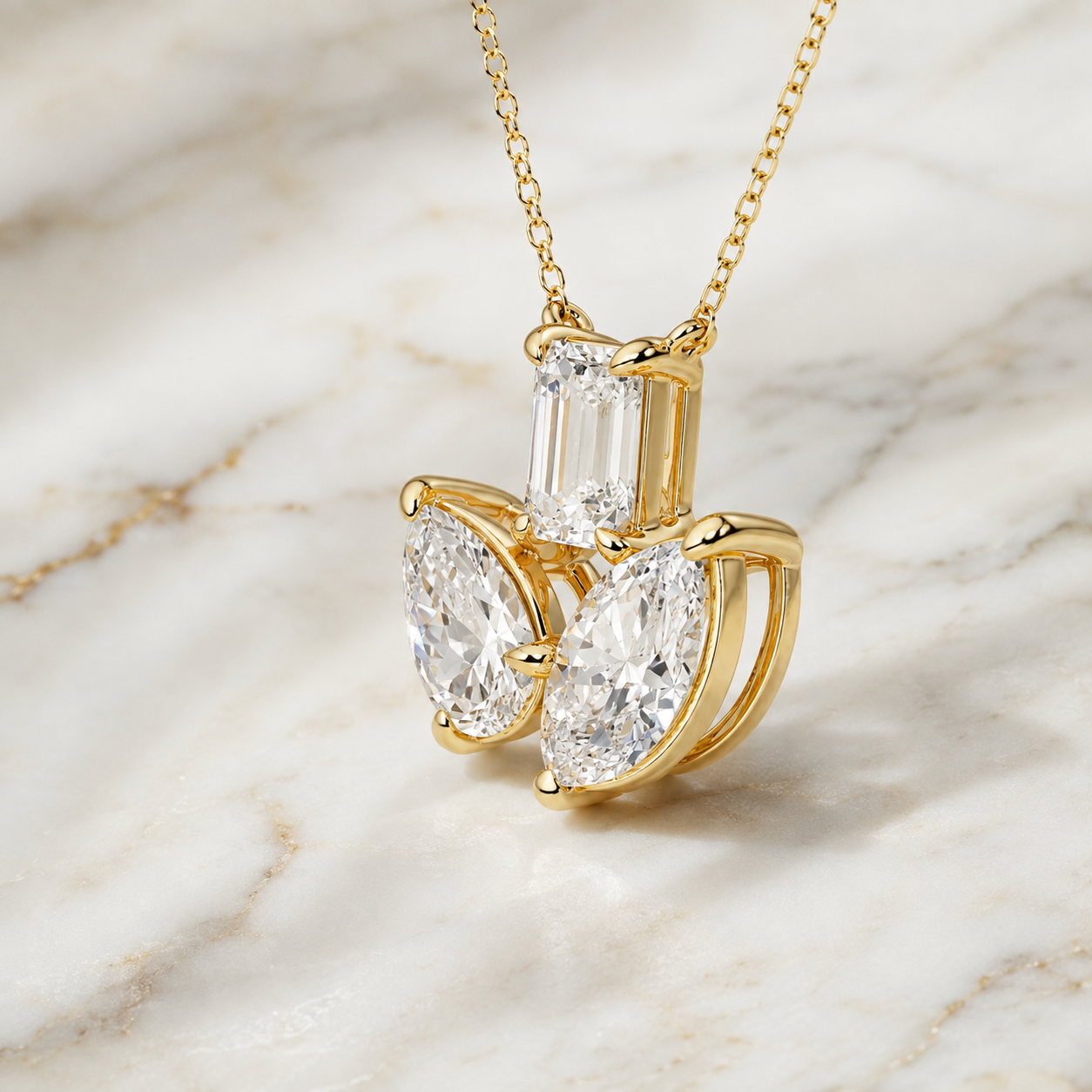 Multi-Shape Lab Grown Diamond Three Stone Pendant Fan Prong 14K Yellow Gold – 2.78ctw E VVS2
