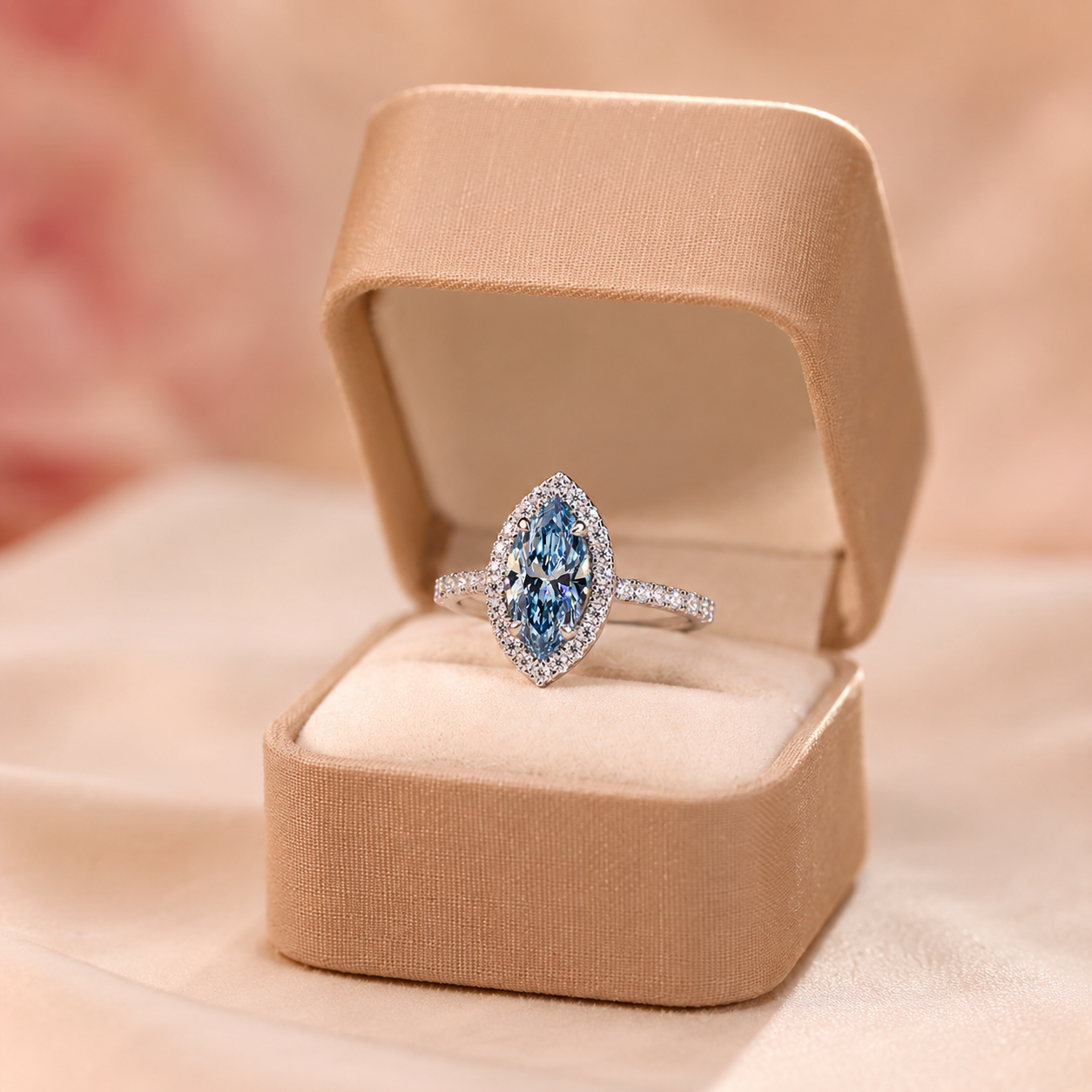 Blue Marquise Lab Grown Diamond Engagement Ring Halo 14K White Gold IGI Certified Fancy Vivid Blue VVS2
