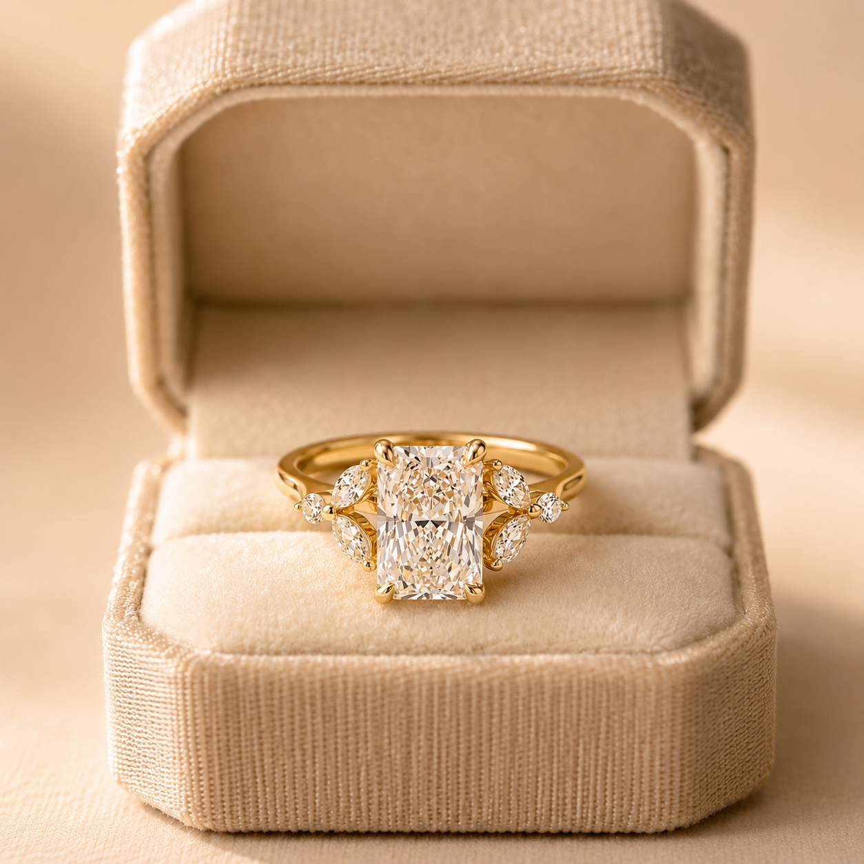 Radiant Lab Grown Diamond Engagement Ring – Cluster Marquise 14K Yellow Gold – IGI Certified 2.22 Carat E VVS2