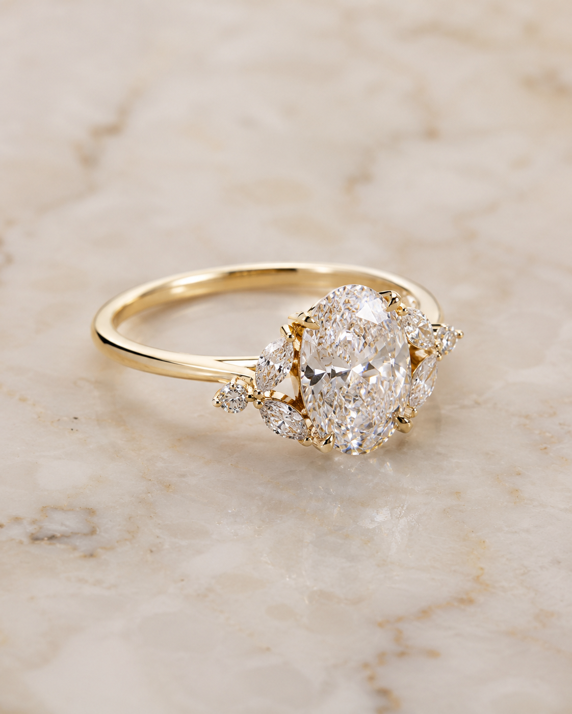Oval Lab Grown Diamond Engagement Ring Floral Cluster 14K Yellow Gold IGI Certified 1.54 Carat E VVS2