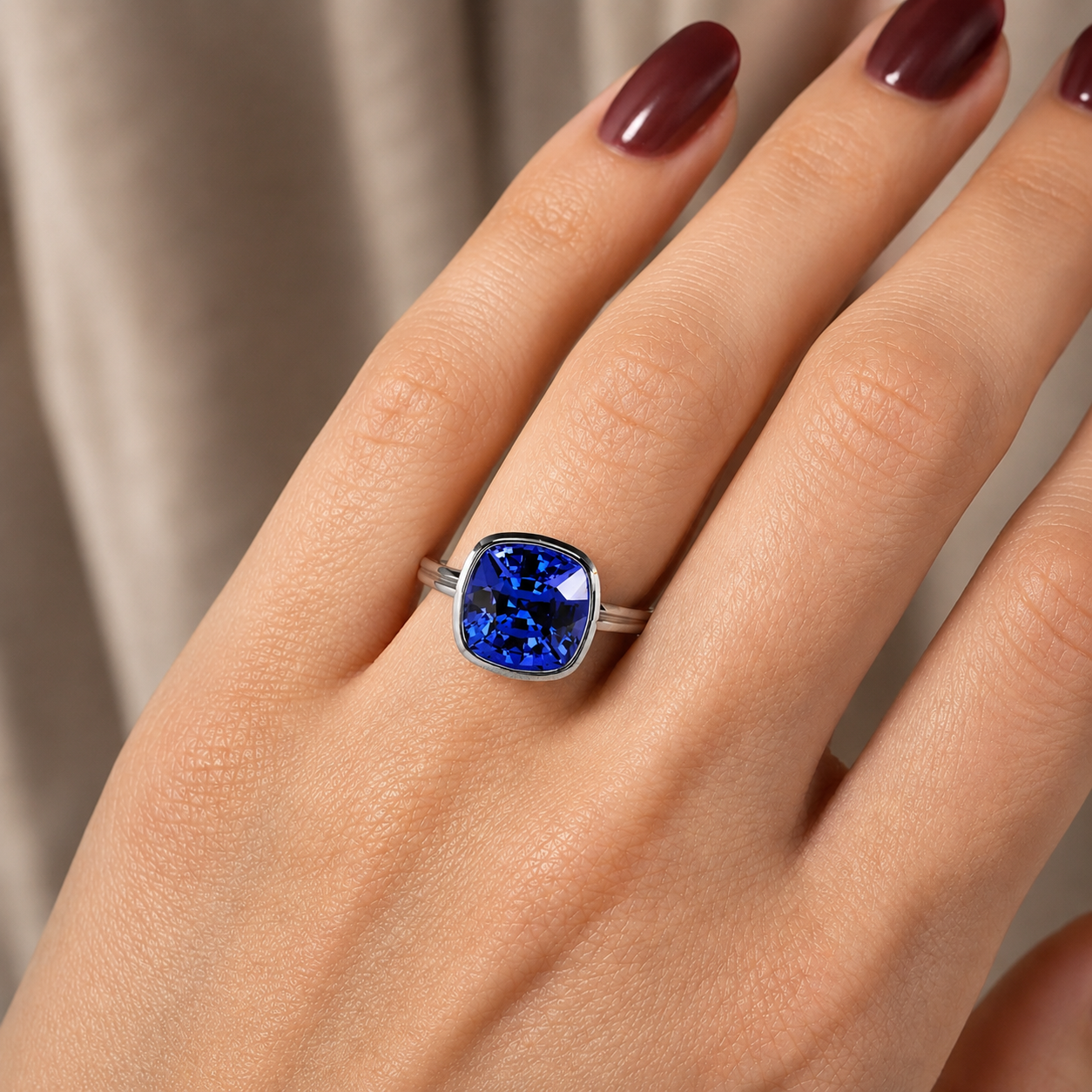 Blue Sapphire Cushion Cut Lab Grown Solitaire Ring Bezel Set 14K White Gold 2 Carat Royal Blue