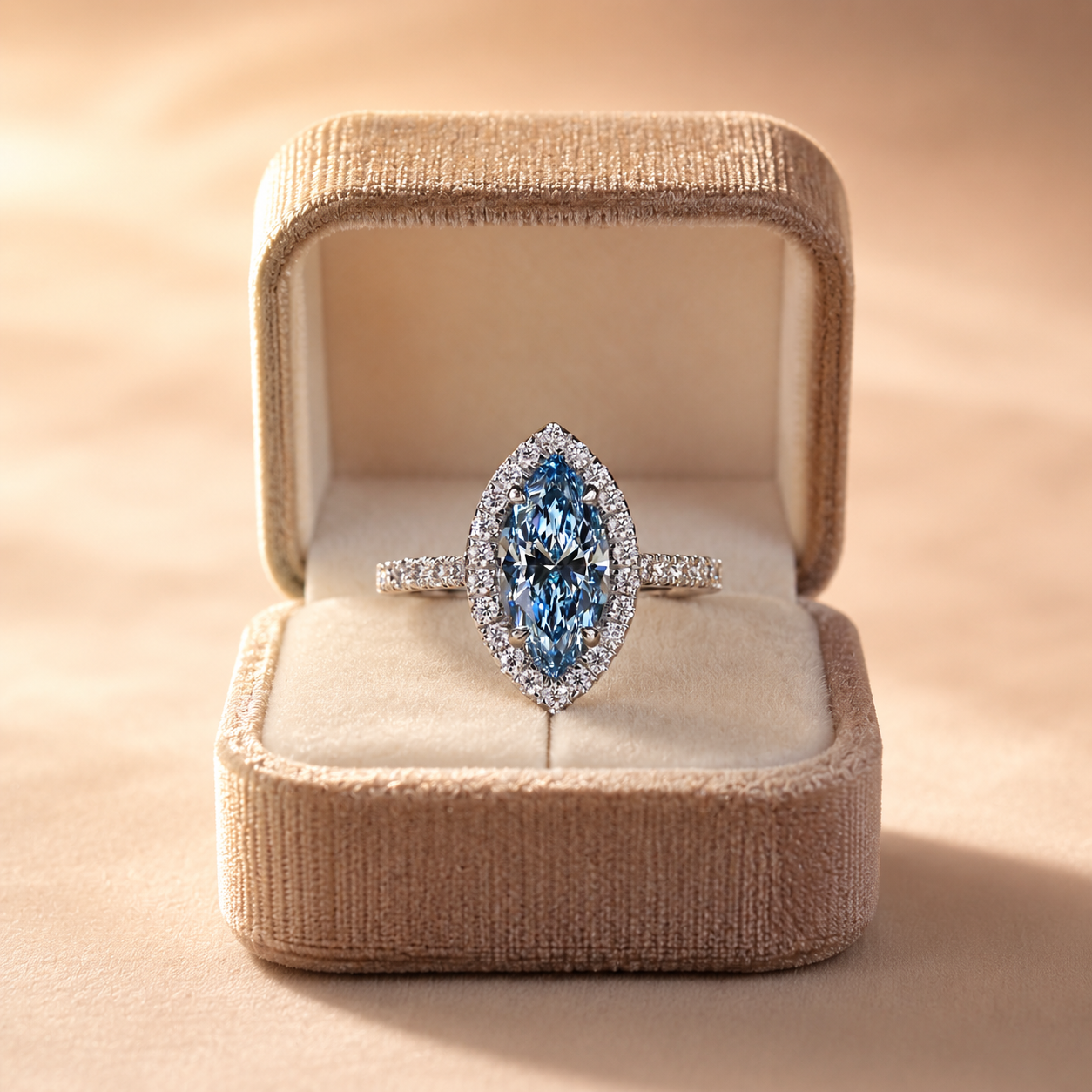 1.51Ct Blue Marquise Lab Grown Diamond Halo Engagement Ring 14K Gold E VVS2