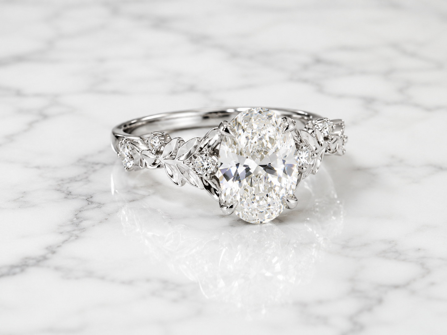 Oval Lab Grown Diamond Floral Engagement Ring – Leaf & Vine Solitaire 14K White Gold – Claw Prong Setting