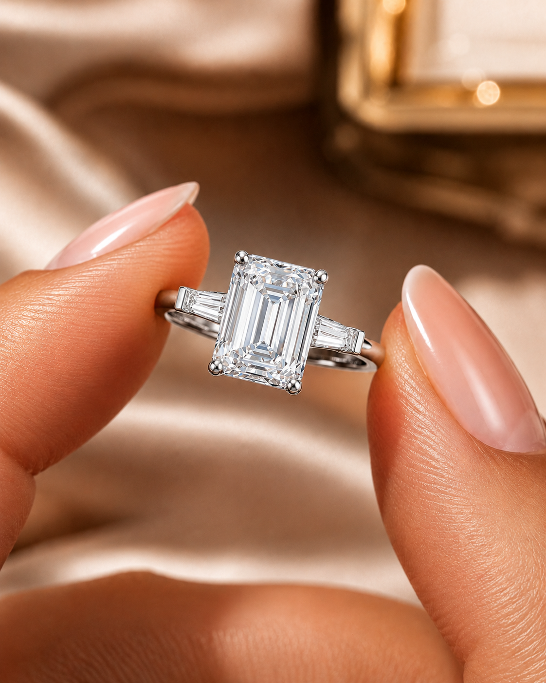 Emerald Cut Lab Grown Diamond Engagement Ring Three Stone Tapered Baguette 14K White Gold Four-Prong Bar-Set Setting