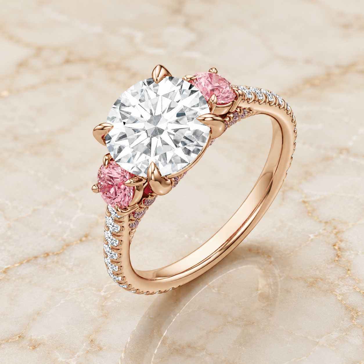 Round Lab Grown Diamond Engagement Ring Three Stone 14K Rose Gold Pink Diamond Side Stones