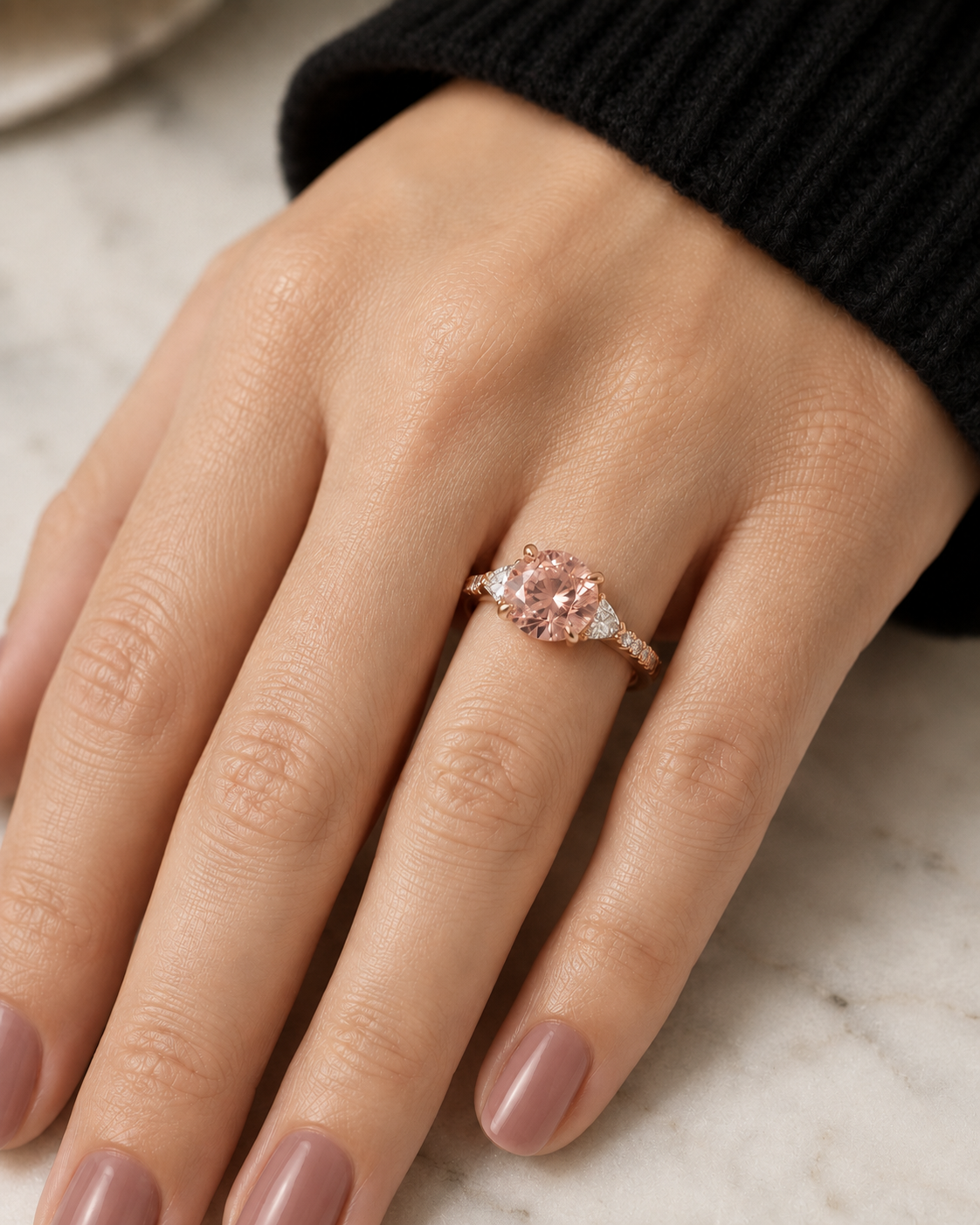 Pink Round Lab Grown Diamond Engagement Ring Three Stone 14K Rose Gold IGI Certified 3 Carat