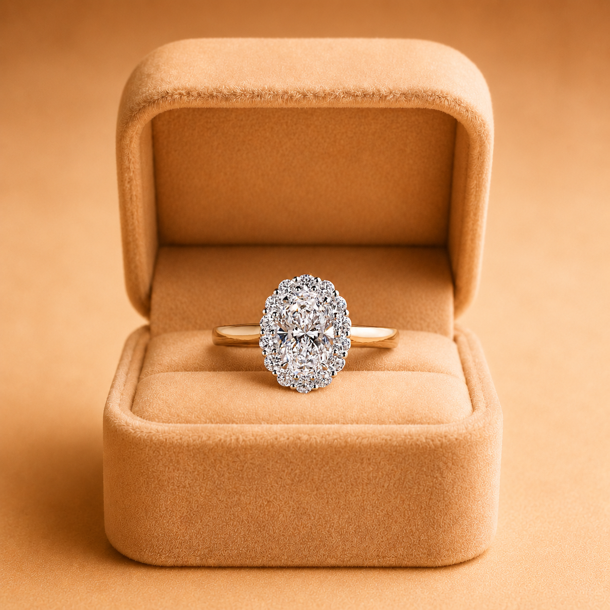 Oval Lab Grown Diamond Halo Engagement Ring Cathedral 14K Yellow Gold IGI Certified 2 Carat E VVS2