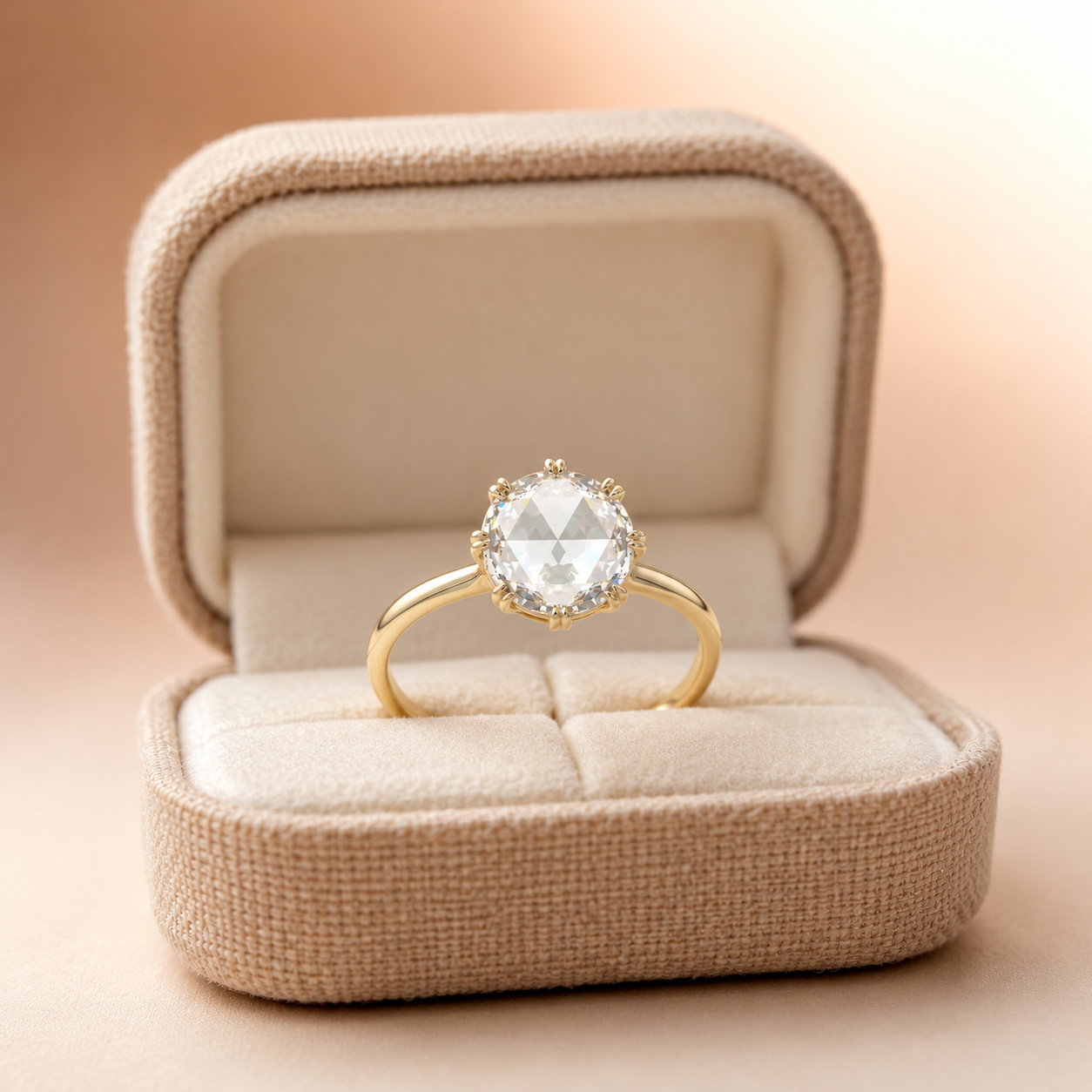 Round Rose Cut Lab Grown Diamond Engagement Ring Double Claw Prong 14K Rose Gold Vintage Solitaire