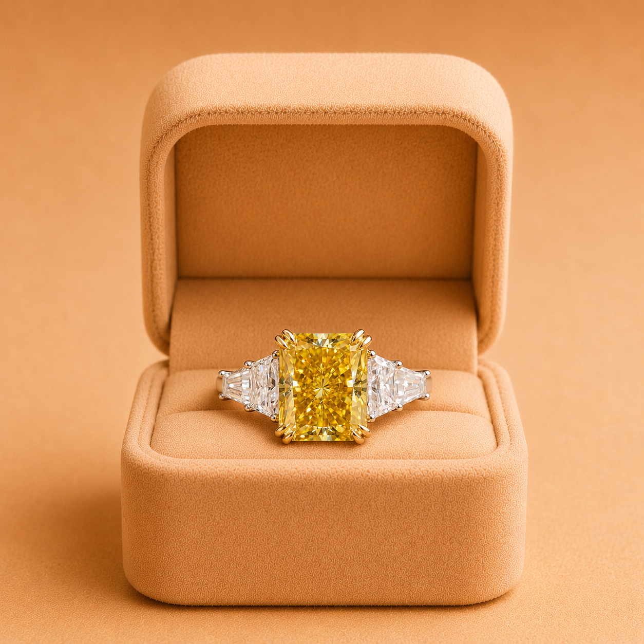 Canary Yellow Radiant Engagement Ring Five Stone 14K Yellow Gold –VVS2 Trapezoid Baguette Sides