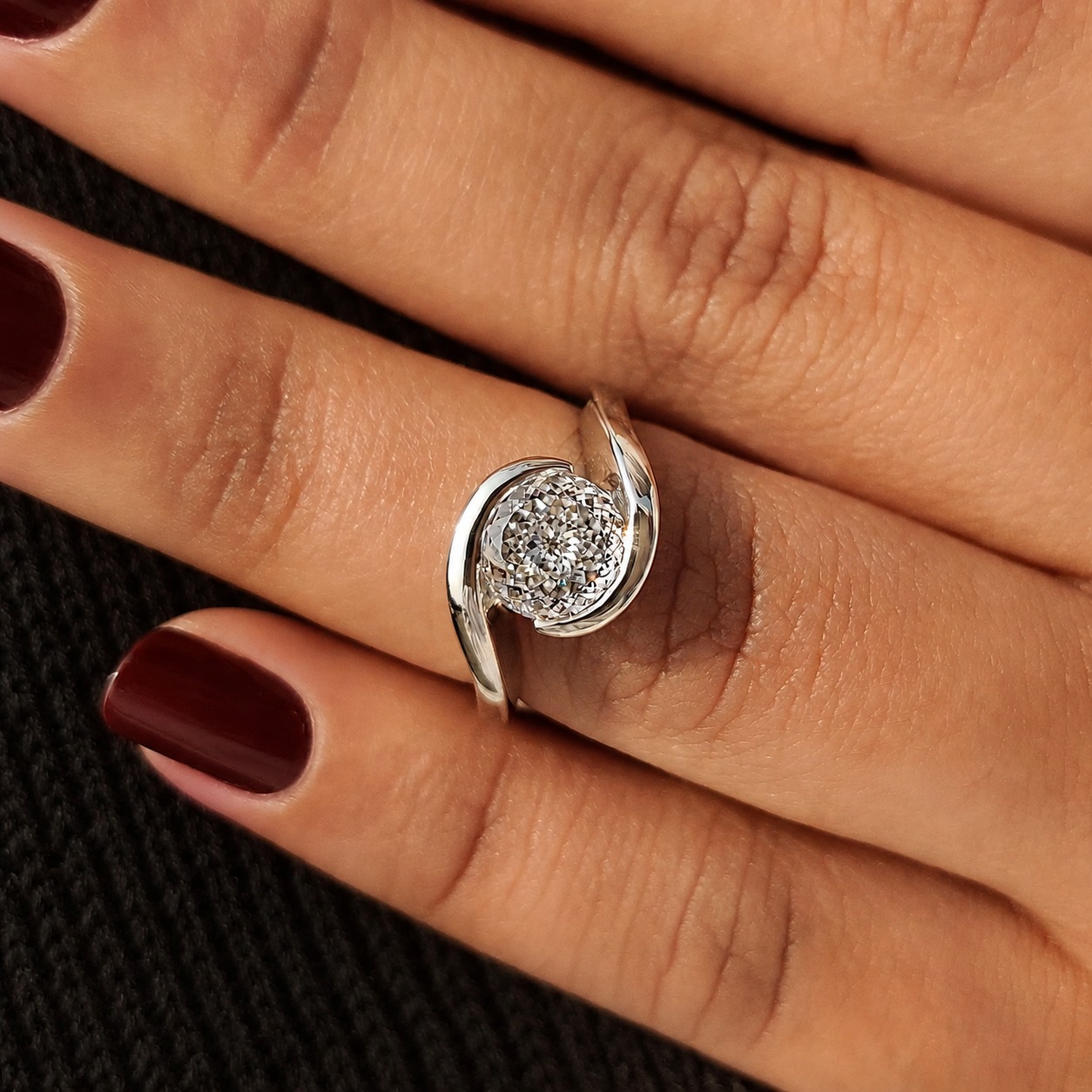 Portuguese Cut Lab Grown Diamond Engagement Ring Bypass Half Bezel 14K White Gold IGI Certified 1 Carat