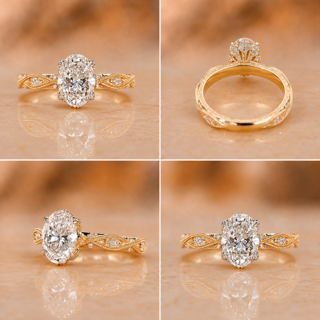 Oval Lab Grown Diamond Engagement Ring Vintage Hidden Halo 14K Yellow Gold IGI Certified 4 Carat