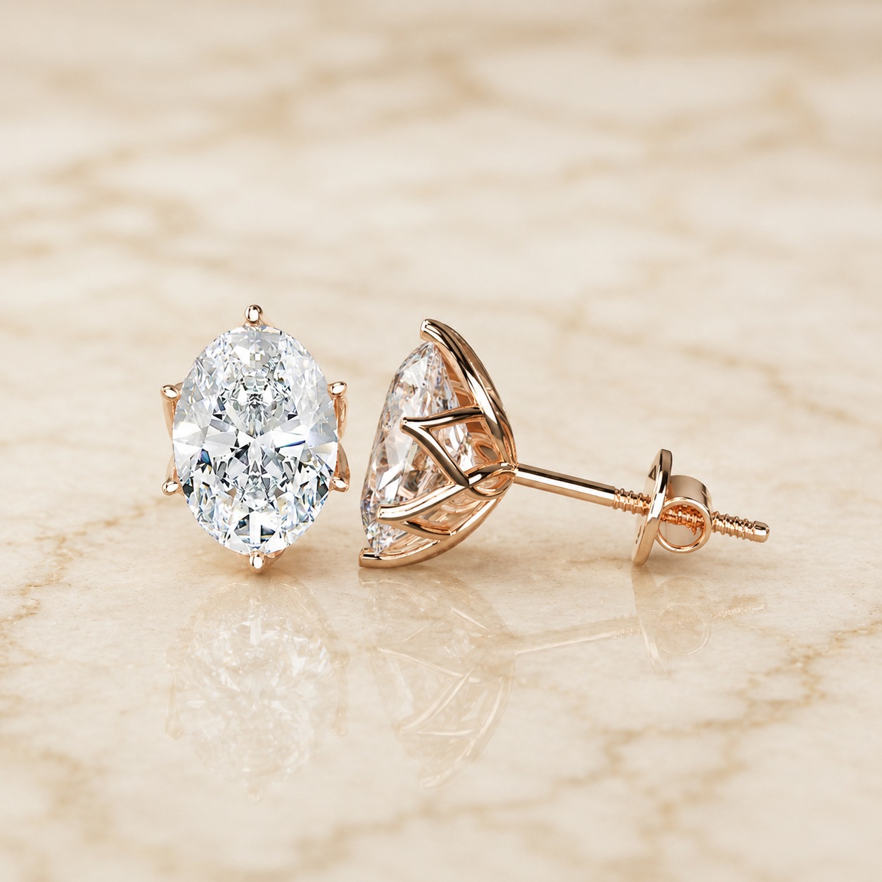Oval Lab Grown Diamond Stud Earrings Solitaire 14K Rose Gold IGI Certified 2ct Screw-Back