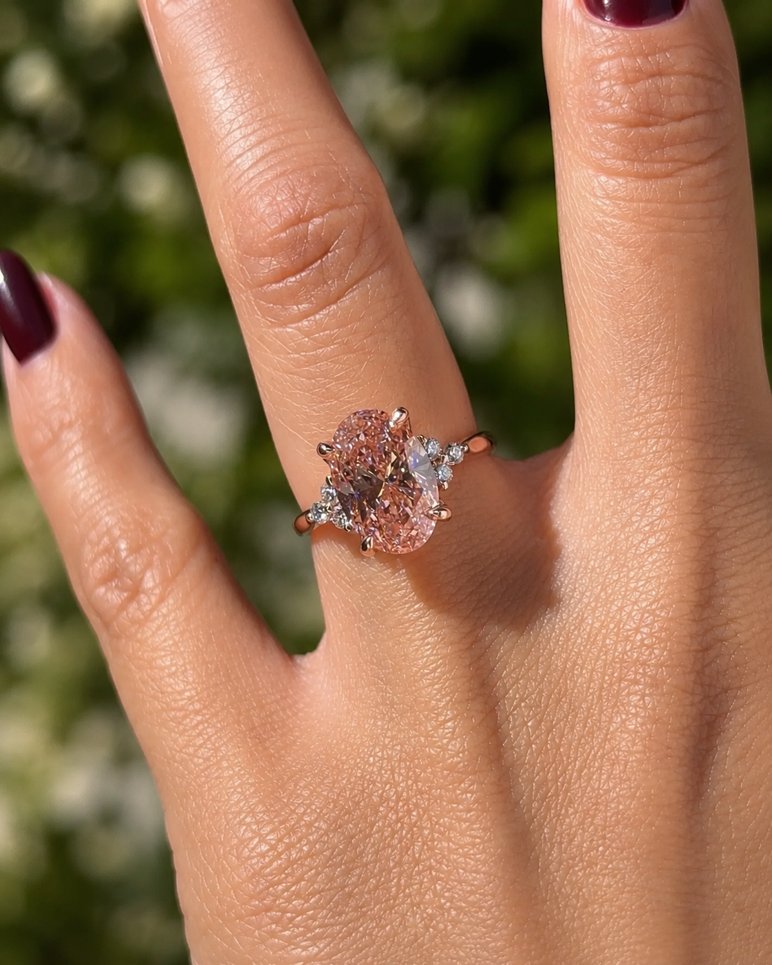 Pink Oval Lab Grown Diamond Engagement Ring Accent Cluster 14K Rose Gold IGI Certified 3.46 Carat