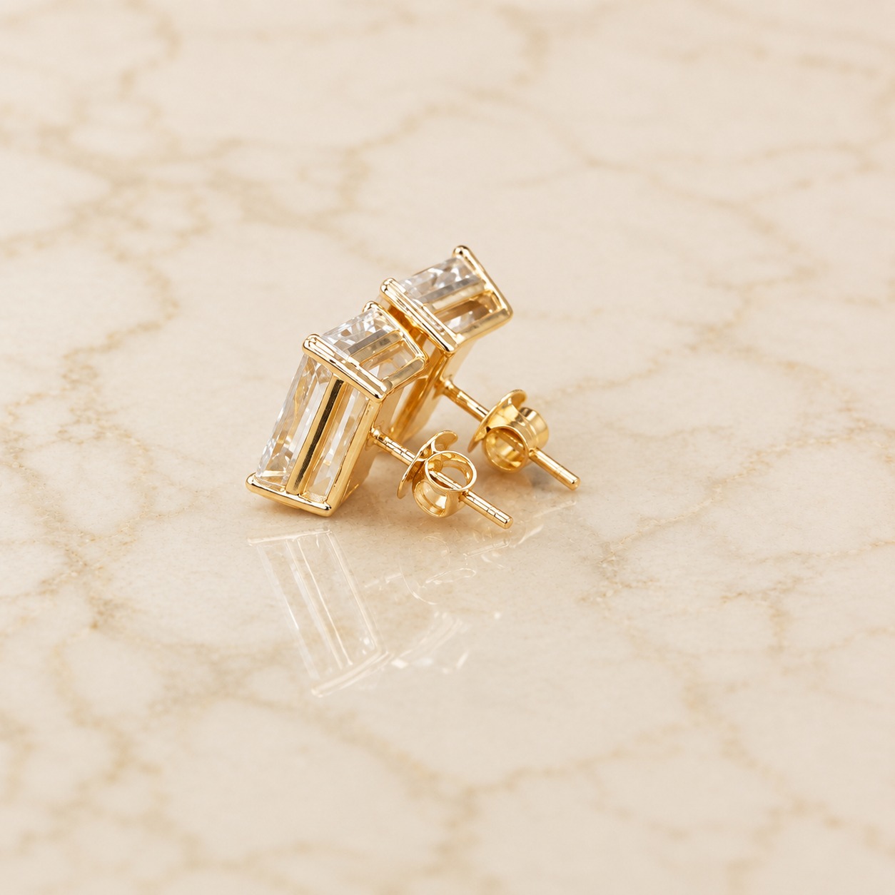 Emerald Cut Lab Grown Diamond Stud Earrings Four-Prong Solitaire 14K Yellow Gold IGI Certified 10ct