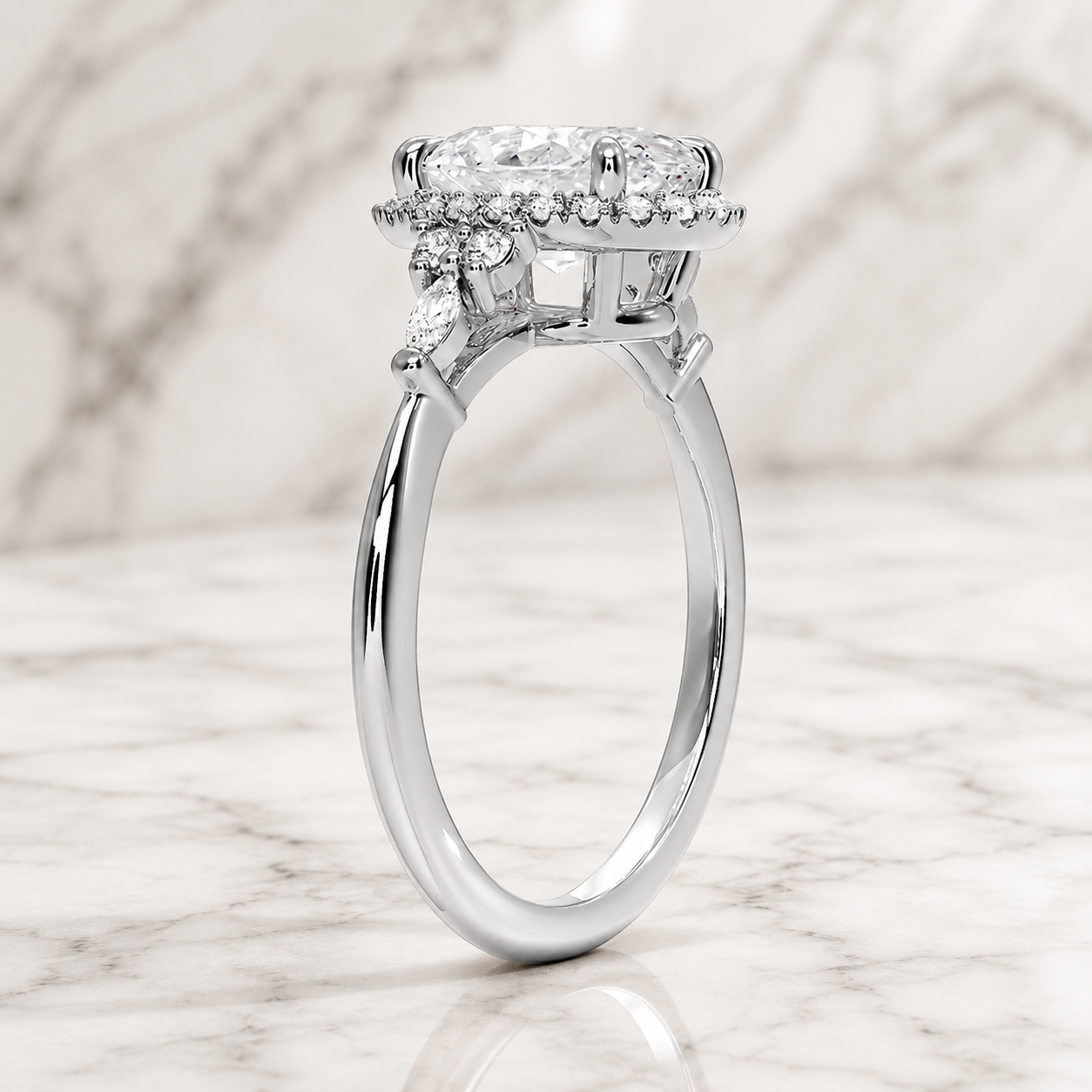 Oval Lab Grown Diamond Engagement Ring Halo with Pear Side Clusters 14K White Gold Three Stone Inspired