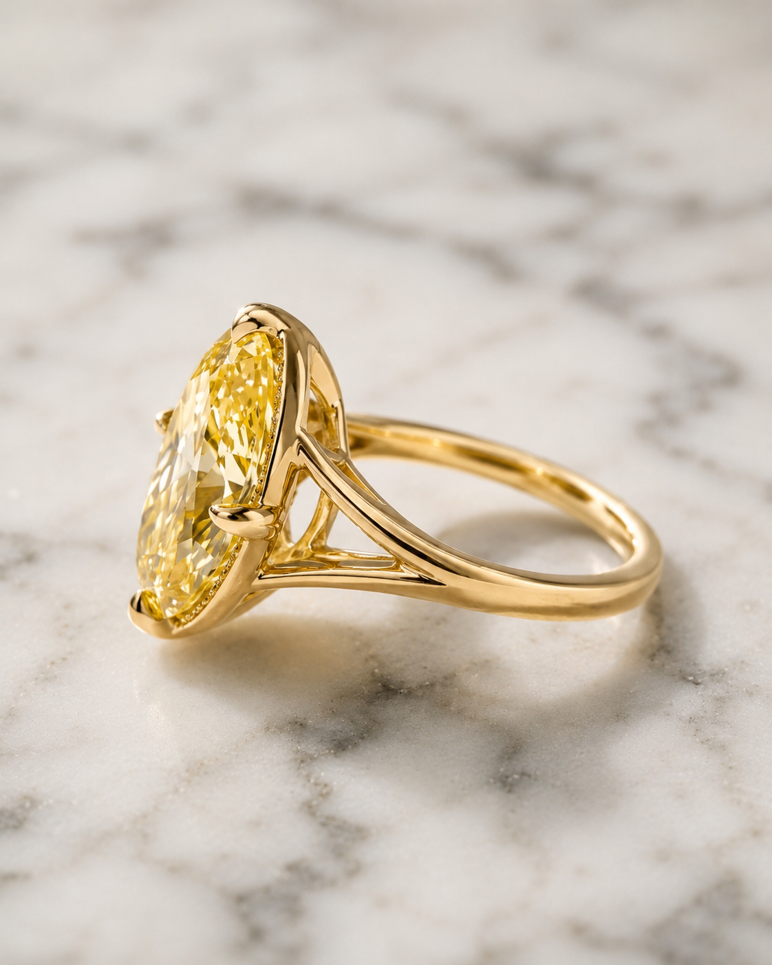 Fancy Yellow Oval Lab Grown Diamond Engagement Ring Milgrain Bezel Split Shank 14K Gold – Claw Prong Vintage Style
