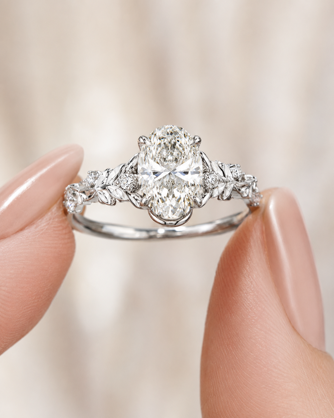 Oval Lab Grown Diamond Floral Engagement Ring – Leaf & Vine Solitaire 14K White Gold – Claw Prong Setting