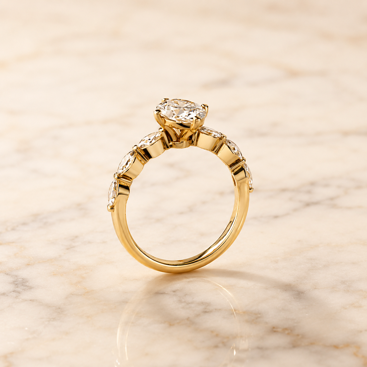 Oval Lab Grown Diamond Engagement Ring – Marquise Accent 14K Yellow Gold – Solitaire Vintage-Inspired Band