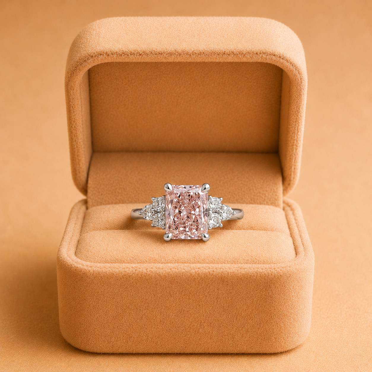 Fancy Vivid Pink Radiant Lab Grown Diamond Engagement Ring Three Stone 18K White Gold IGI Certified 3.30 Carat
