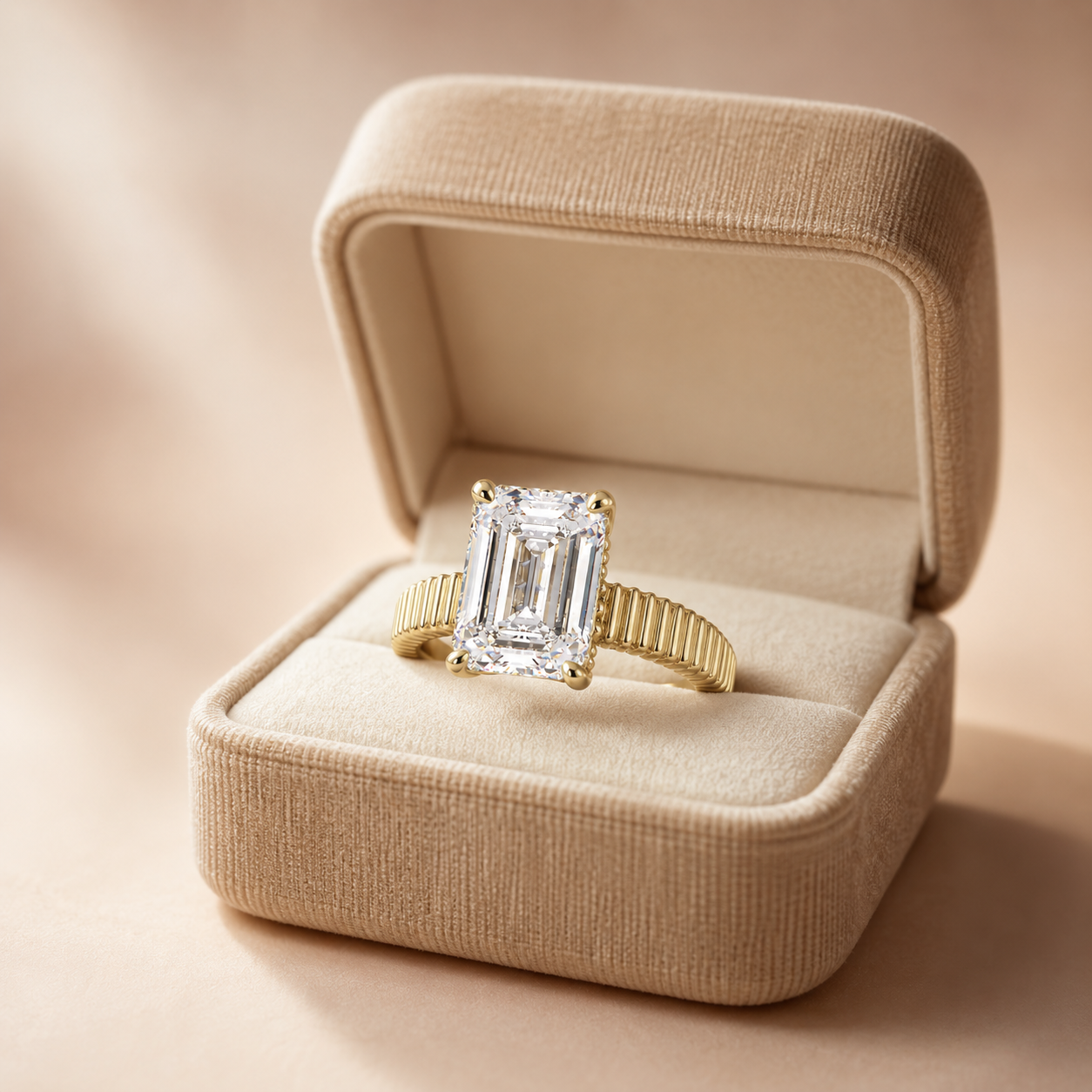 Emerald Cut Lab Grown Diamond Engagement Ring Grooved Solitaire 14K Yellow Gold 2mm Vertical Shank