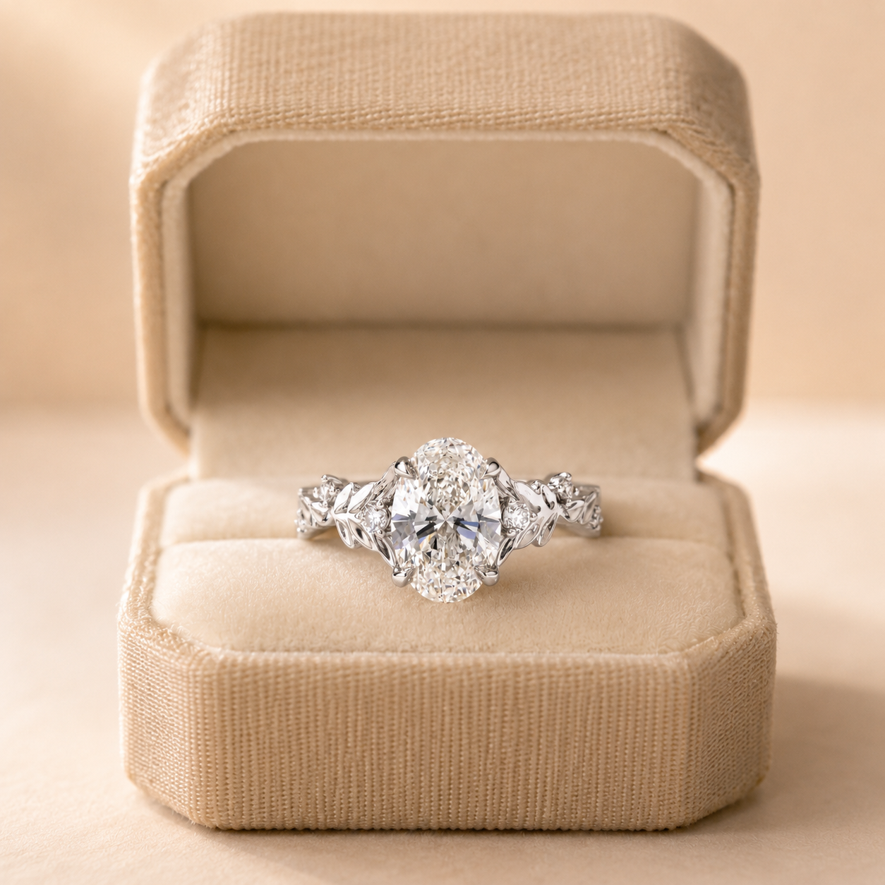 Oval Lab Grown Diamond Floral Engagement Ring – Leaf & Vine Solitaire 14K White Gold – Claw Prong Setting